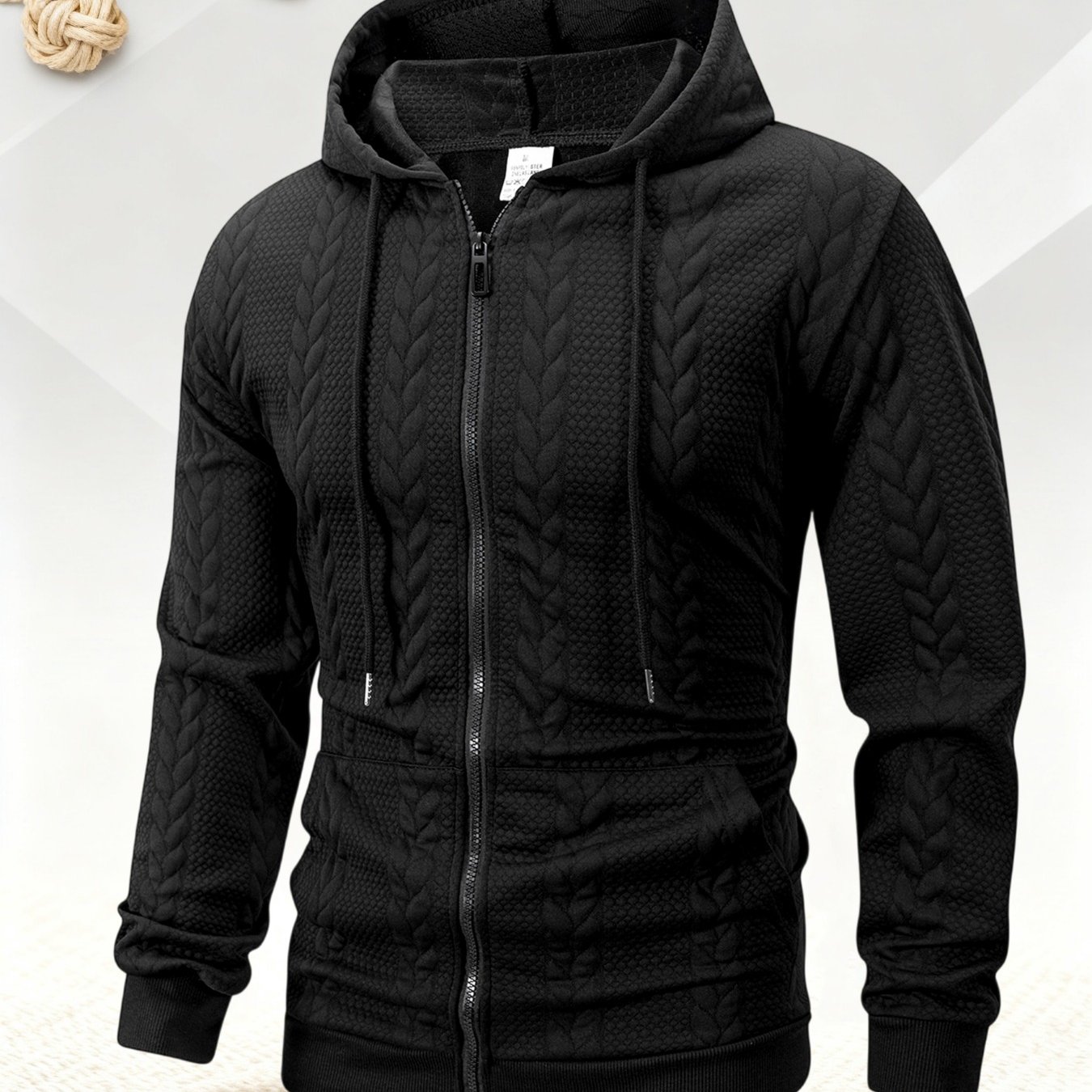 TEMU Autumn Winter Men's Knit Texture Hooded Jacket, 3d Braided Texture Solid Color Casual Coat, Retro Literary Cardigan, Full Zip Closure, Double