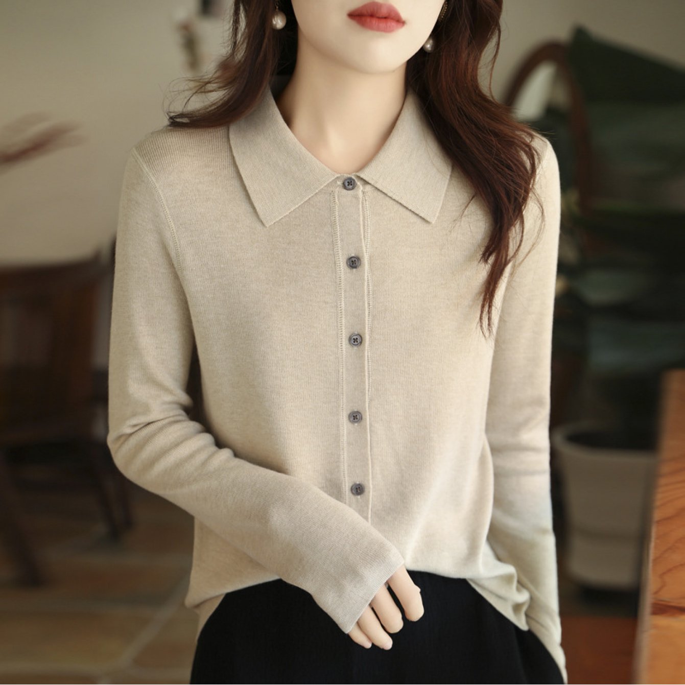 Women's Wool Thin Cardigan With Collar, Casual Shirt-style Sweater, Wool , Spring Fashion Top, Retro Turned- Collar Wool Cardigan, Women's Spring And Autumn Casual Long-sleeved Sweater Coat