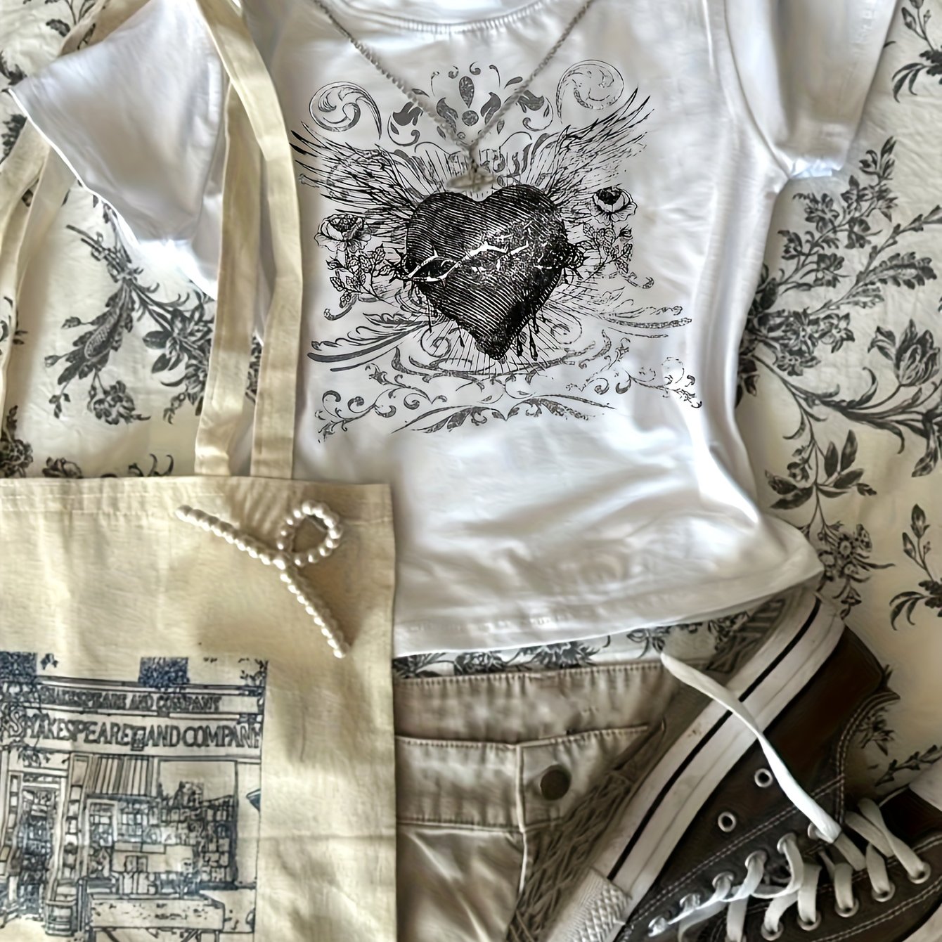 TEMU Wzh184 - Women's Short Sleeve With Heart Vintage Dark Print, Sexy Summer T-shirt