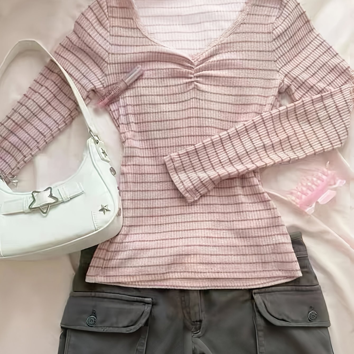 TEMU Fall Winter Directional Style Women's Fashion Casual Elegant Cute Street Style Mixed Striped Lace Trim Long Sleeve T-shirt