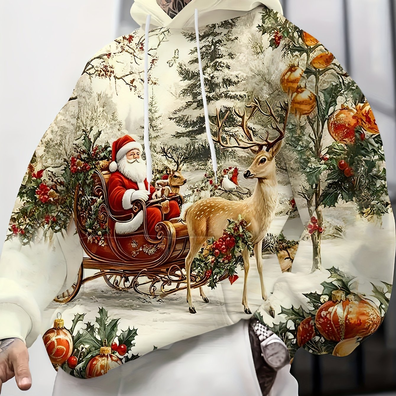 TEMU Sweat-shirt à capuche pour homme grande taille, 3D, style européen et américain, thème de Noël, avec une impression intégrale de Père Noël et