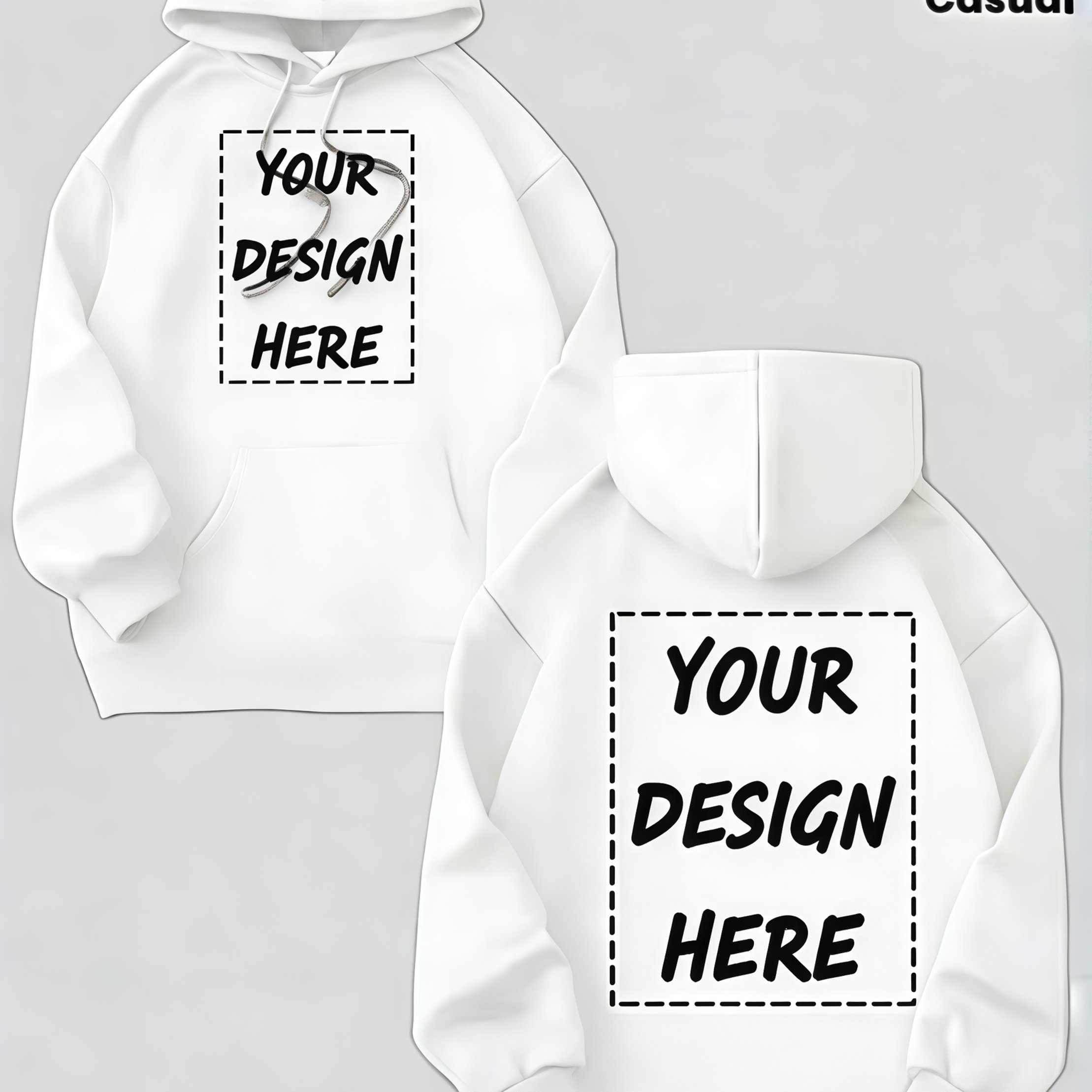 Custom Logo/text Hooded White Sweatshirt With Kangaroo Pocket - Customizable Double-sided Printing, Loose-fitting Pullover, Suitable For Company Branding, Team Uniforms, Group Activities, Etc.
