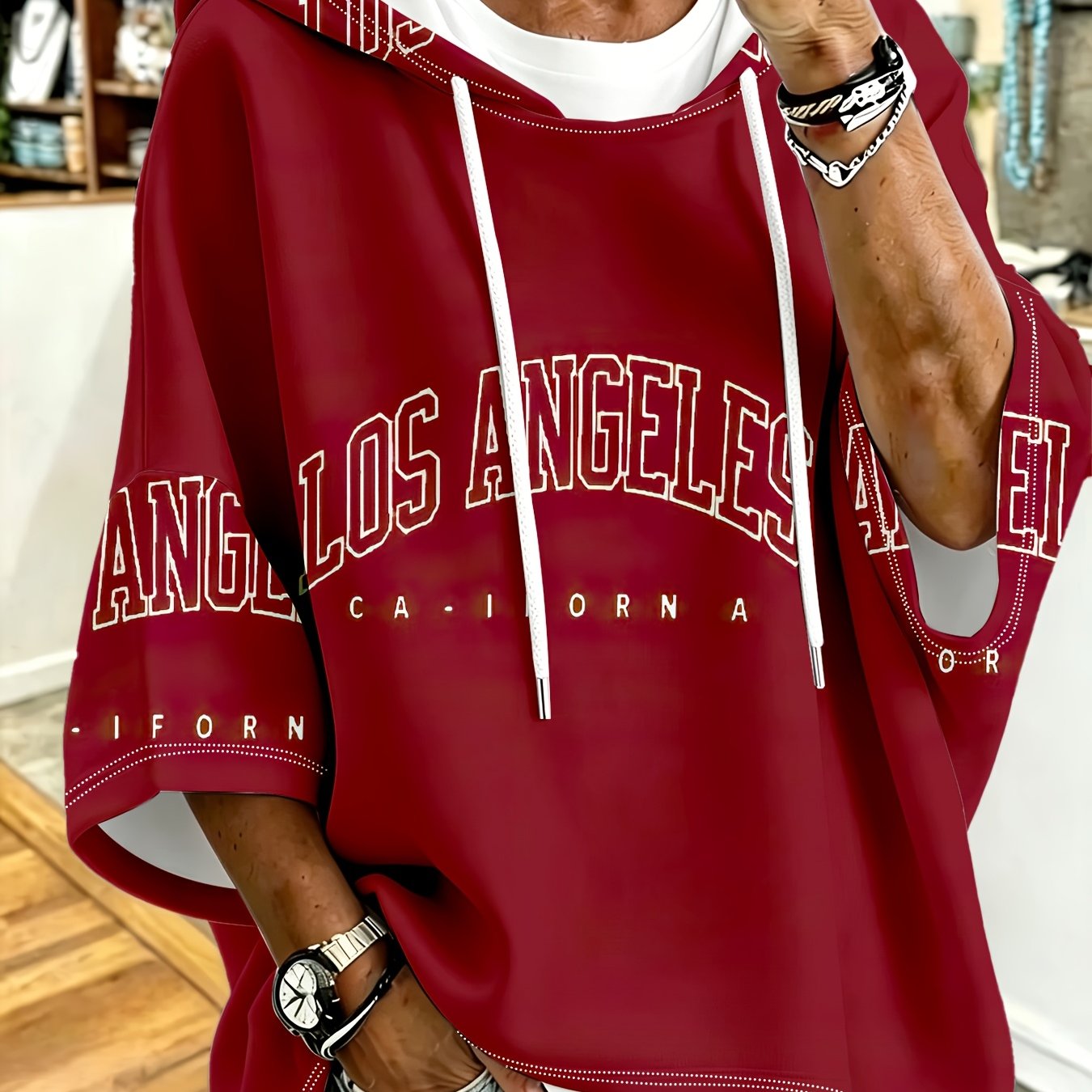TEMU Plus Size, Plus Size Women's Hooded Top, With City Letter Print, Loose Drop Shoulder Sleeve, Holiday Party Hoodie, Plus Size Women's City