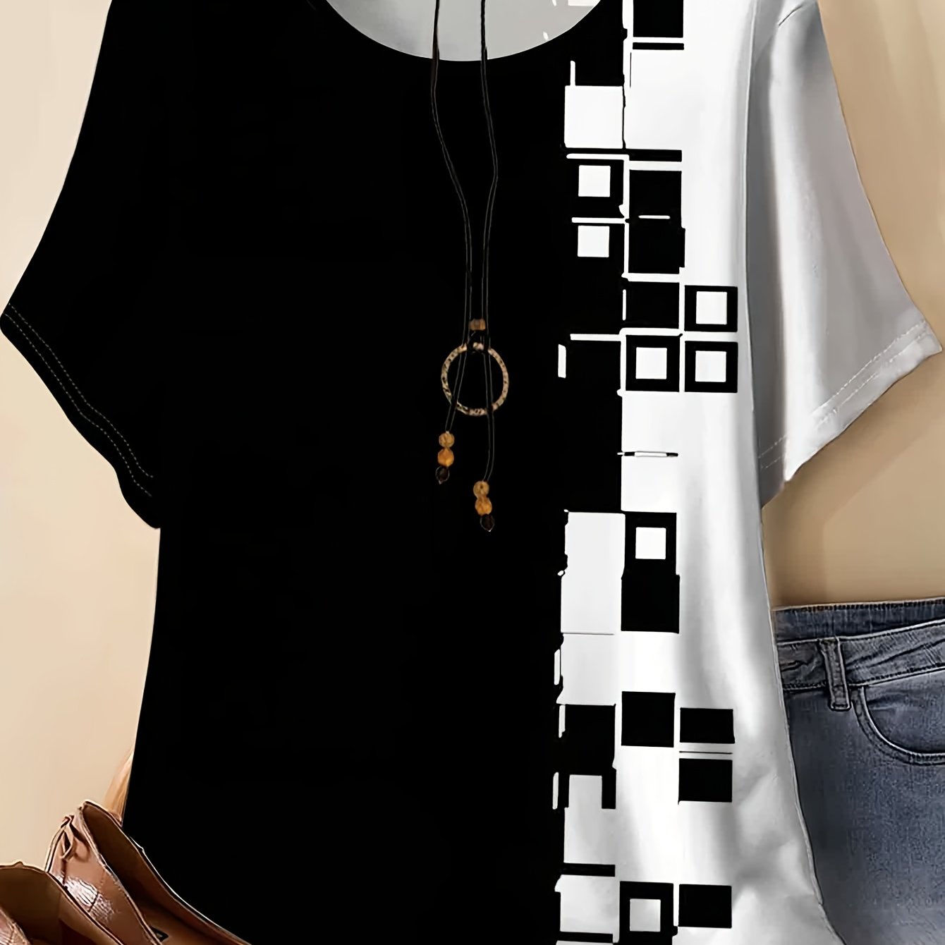 TEMU Women's Plus Size Black And White Geometric Short Sleeve T-shirt, Women's Summer New Loose Fashion Casual Top