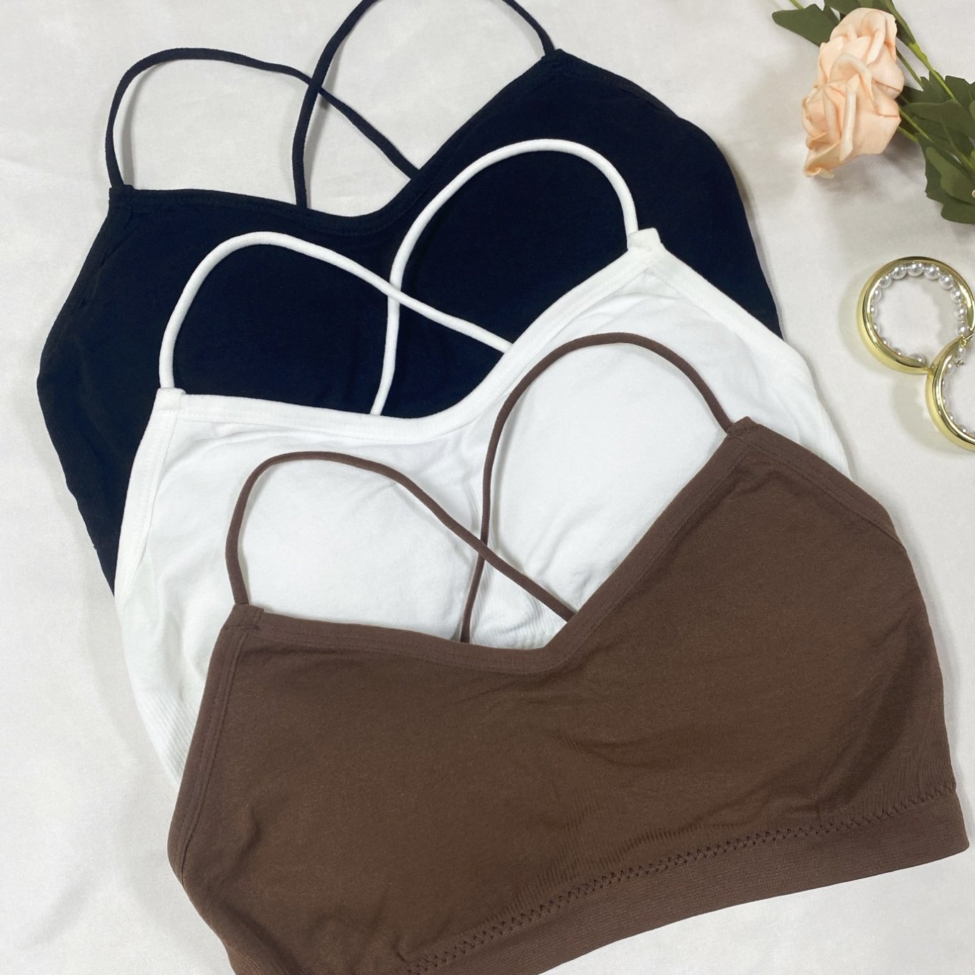 TEMU 3pcs Solid Back Wireless Bra Set, Comfortable Breathable Elastic Underwear For Women