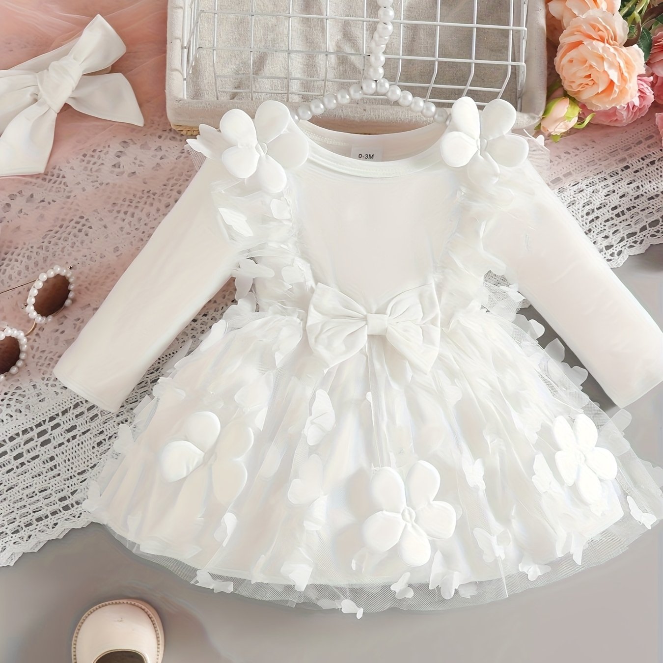 Image of [domestic Wear Lining] Newborn Baby Girl White Baptism Dress Long Sleeve Dress, Appliqué Design And Tulle , Suitable For Spring And Autumn Wedding, Party, Gathering, And Daily Wear