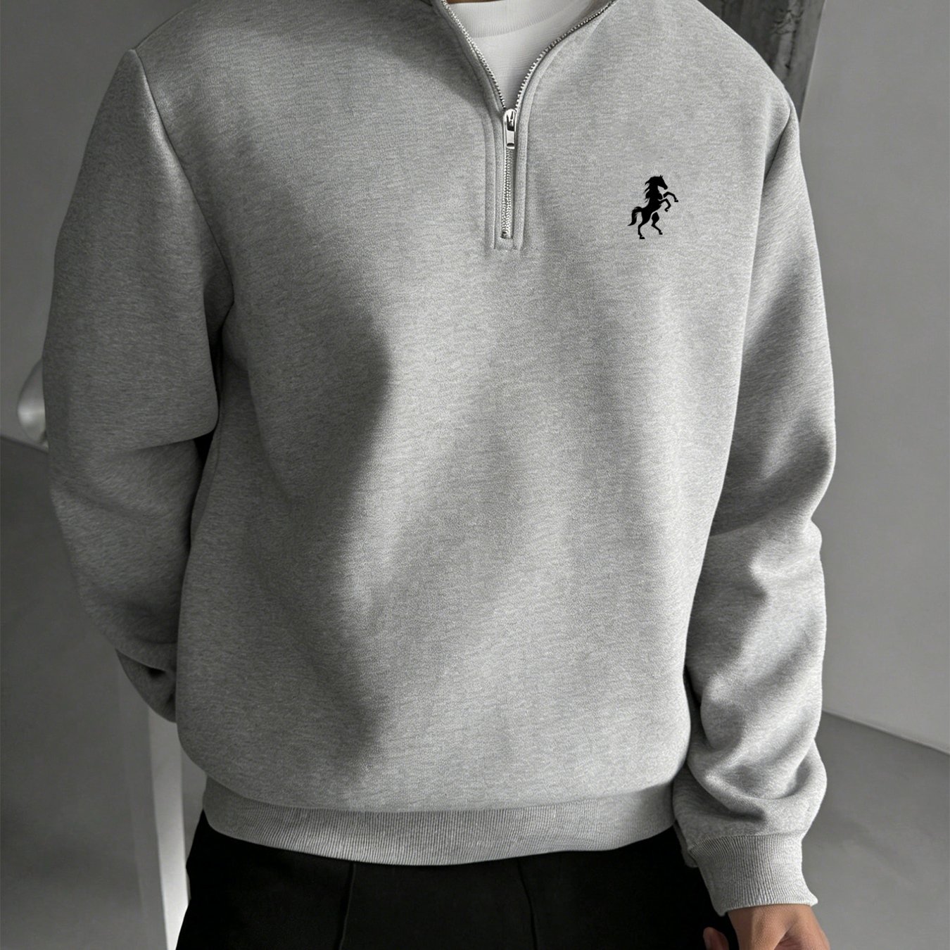 TEMU Men's Instant Logo Half-zip Sweatshirt, Vintage Horse Print Stand Collar Sweatshirt, Autumn Essentials