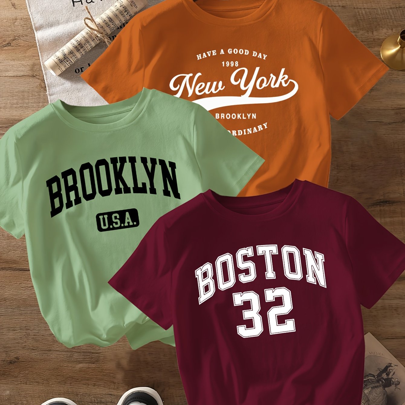 TEMU Ensemble de 3 T-shirts élégants à col rond et manches courtes, disponibles en plusieurs couleurs pour femmes