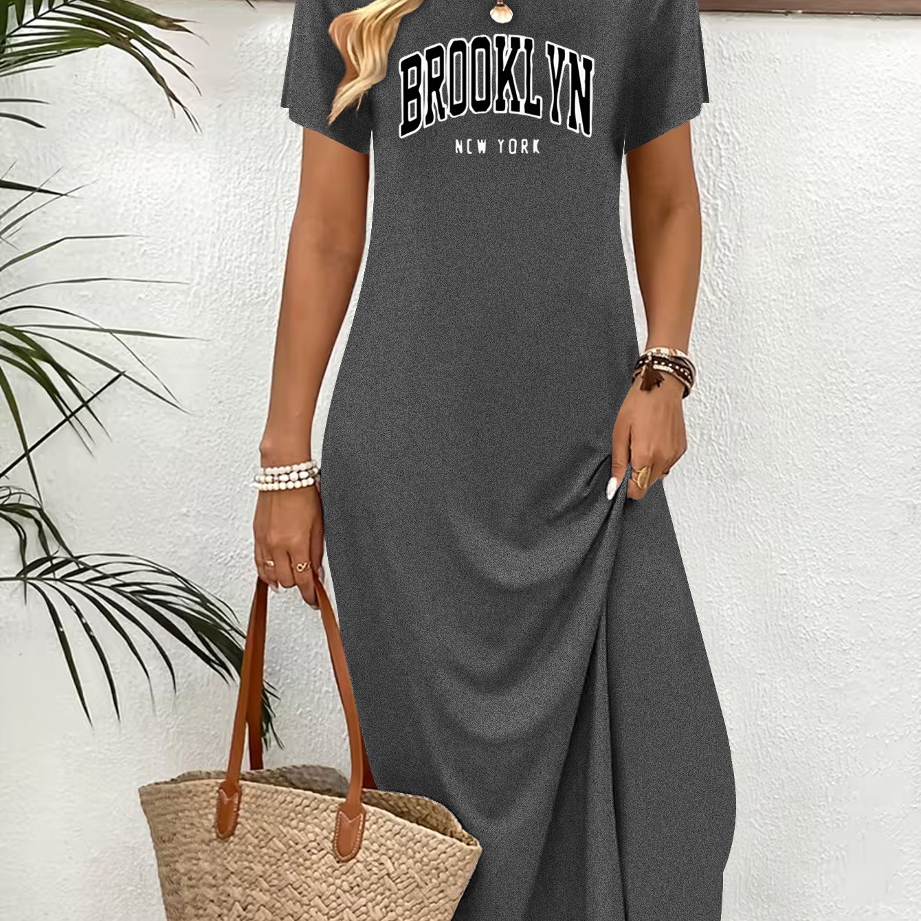 TEMU Women's Brooklyn Print Maxi Dress - Short Sleeve Round Neck Beach Dress With Brooklyn-themed, Machine Washable Suitable For Holidays, Vacations,