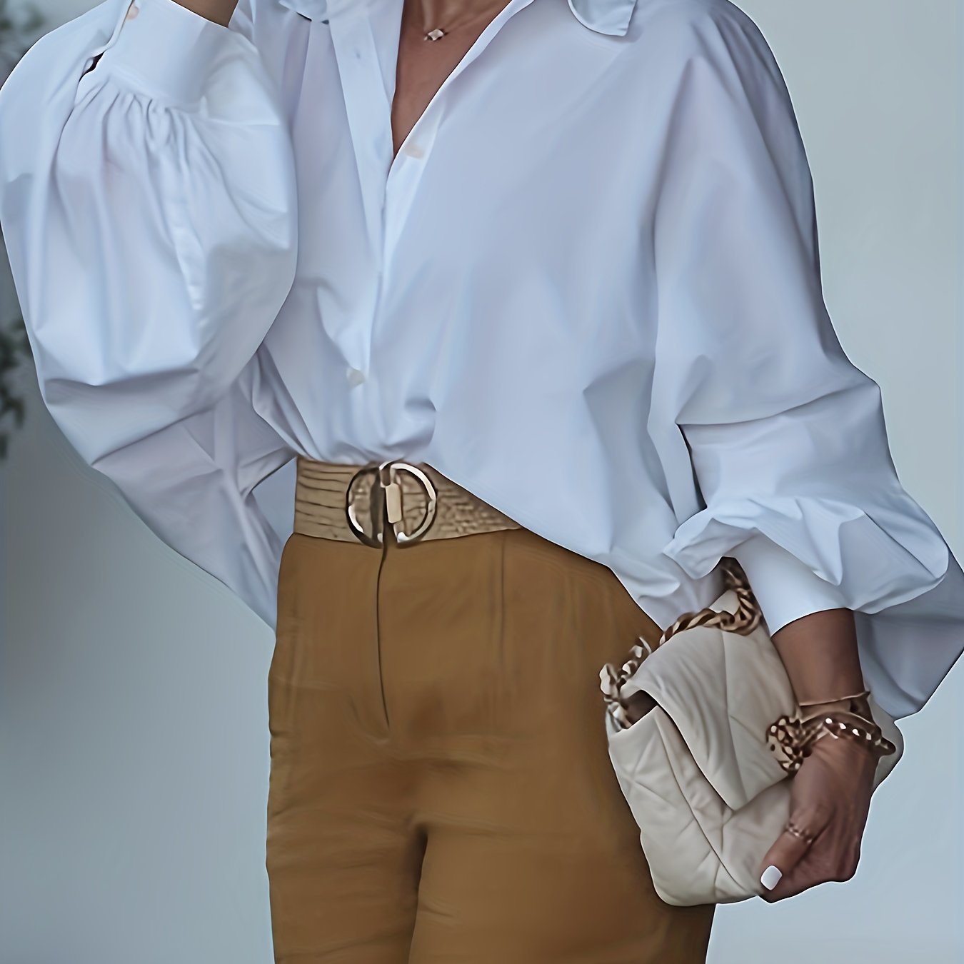 E-shop Elegantes Damenhemd mit Revers-Laternen, Flügelärmeln, Knopfleiste, Oversized, einfarbig, , vielseitig, für jede Jahreszeit