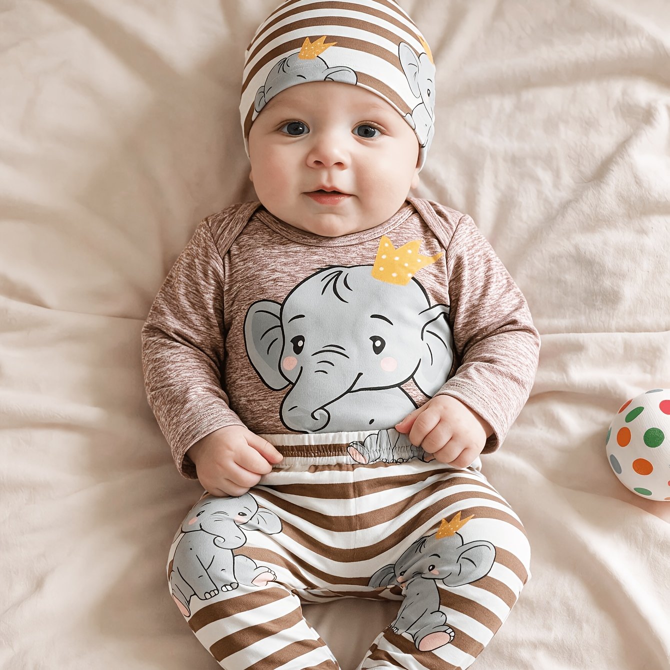 Image of Children's Elephant Print Long Sleeve Bodysuit And Striped Small Elephant Print Long Pants And 1pc Hat, For Outdoor