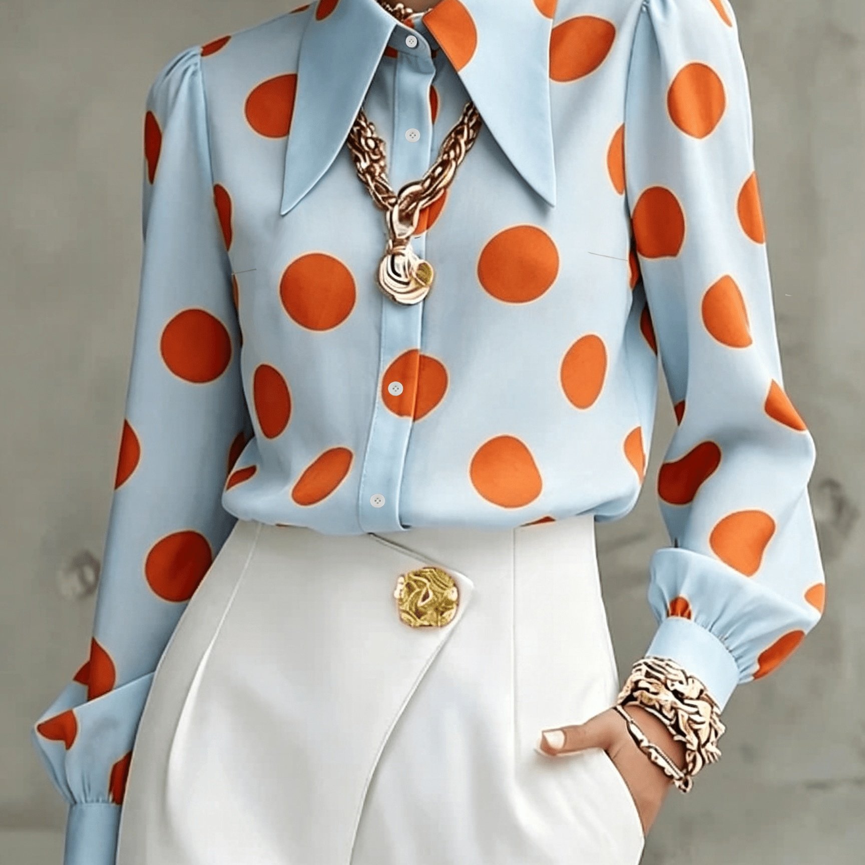 TEMU Women's Stylish, Elegant, Long-sleeved Polka-dot Shirt Featuring A Loose Fit, Classic Collar, And Button- Front-perfect For Daily Commutes,