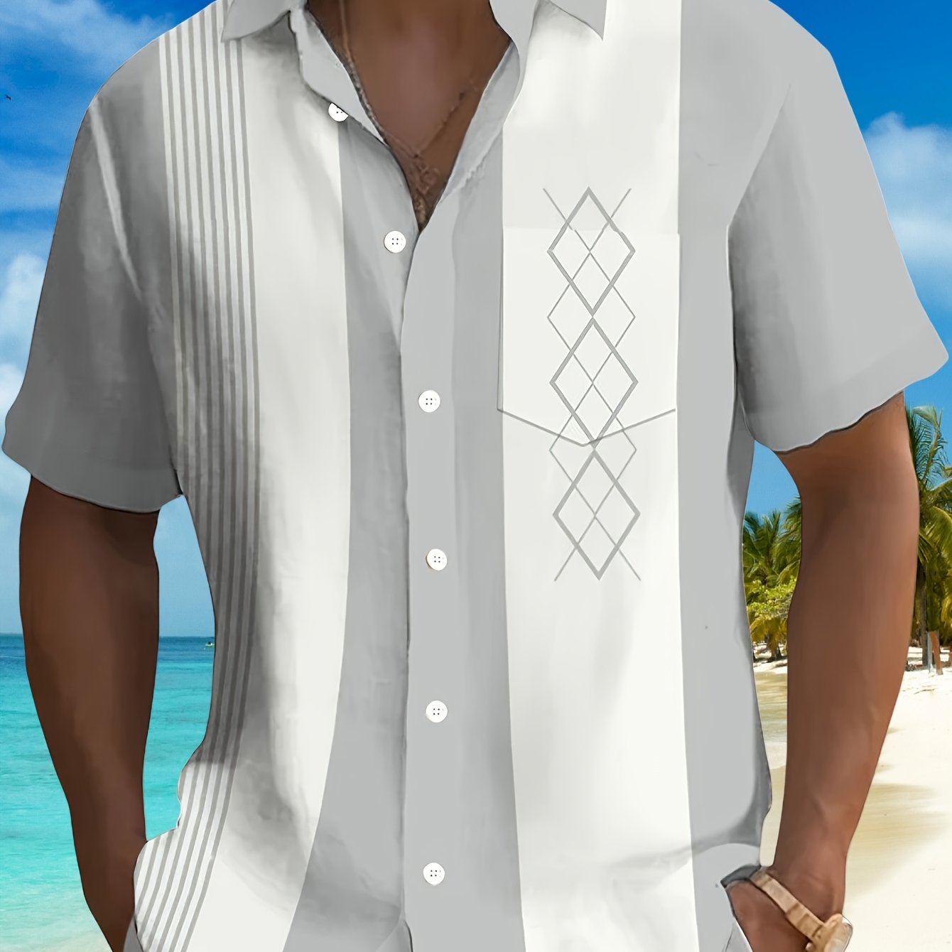 TEMU Retro Geometric Bowling Structure Print Men's Button Pocket Short Sleeve Shirt