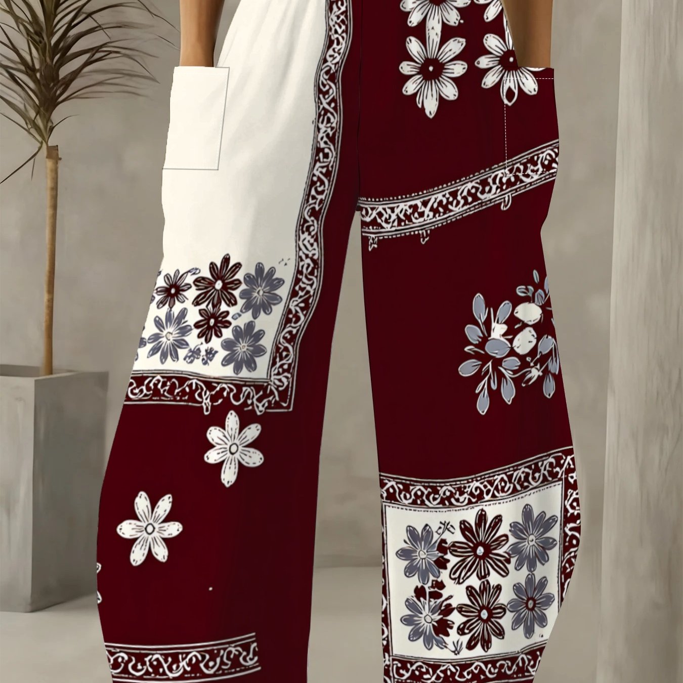 TEMU Plus Size - Plus Size - Color- Floral Printed Ethnic Wide-leg Pants With A High Waist, Loose Fit, And Pockets. Vintage Artistic Style Versatile
