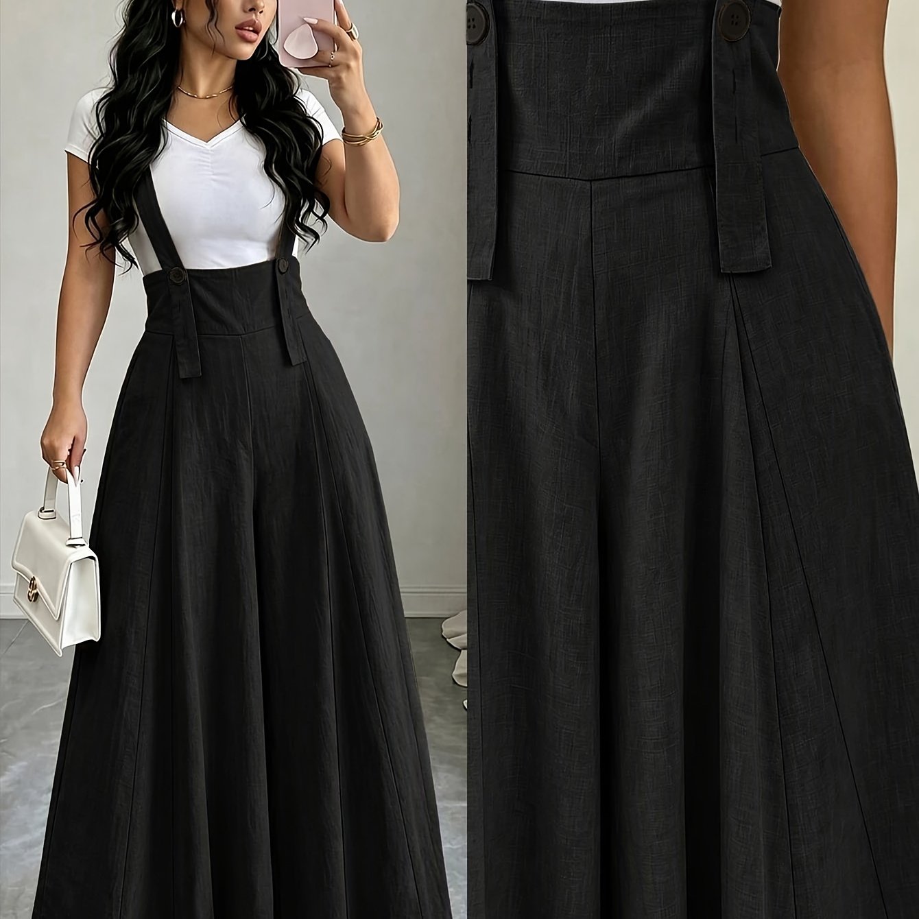 TEMU Combinaison Femme à Taille Haute et Jambes Larges en Tissu Texturé - Bretelles à Boutons et Pantalon Évasé, Barboteuse et Longueur au Sol, pour