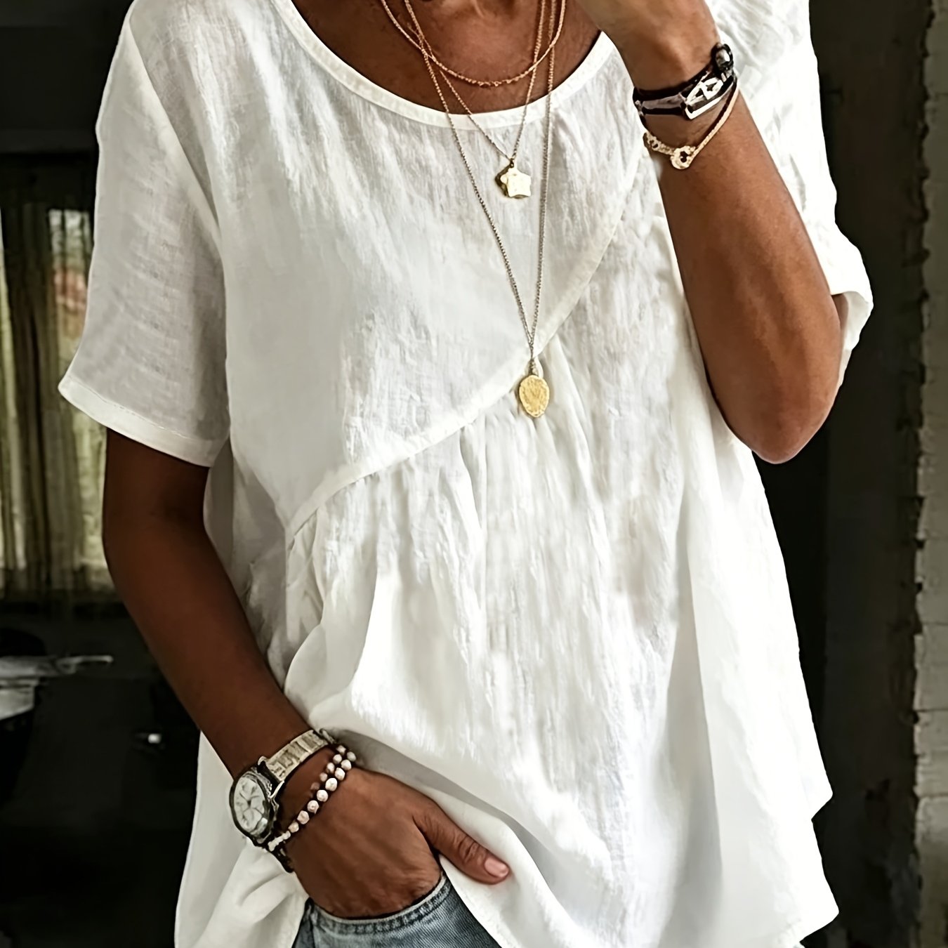 TEMU Plus Size, Plus Size Women's Casual Short Sleeve Shirt, Vintage Irregular Design Short Sleeve Crew Neck Top, Comfortable And Soft Women's Casual