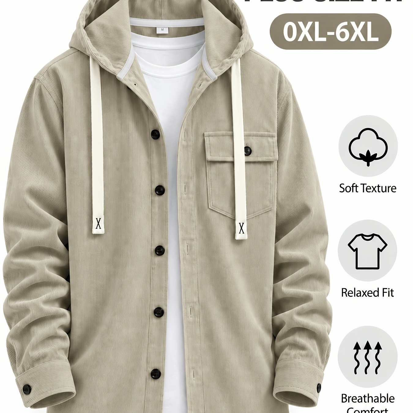 TEMU Men's Plus Size Hooded Long Sleeve Shirt, Solid Color Pinstripe Texture Loose Casual Shirt, Autumn Thin Corduroy Style Shirt, Button-up Single