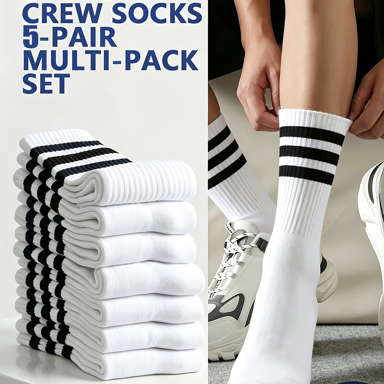 TEMU 5 Pairs Autumn Winter Comfortable Warm Sweat-absorbing Athletic Striped Black Striped All-match Soft Comfortable Men's Athletic Mid-calf Socks