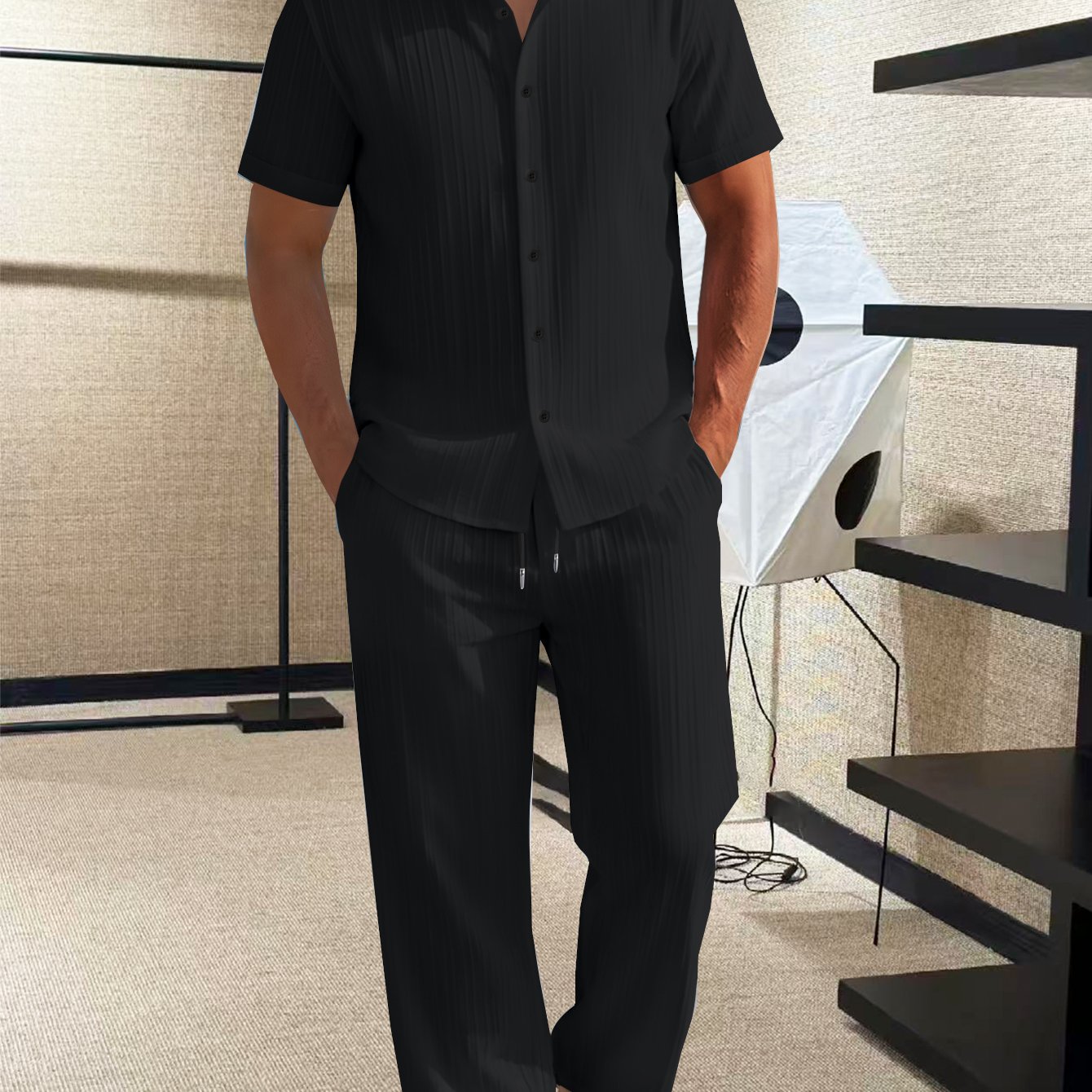 TEMU 's : Casual Button- Short Sleeve Shirt And Long Pants