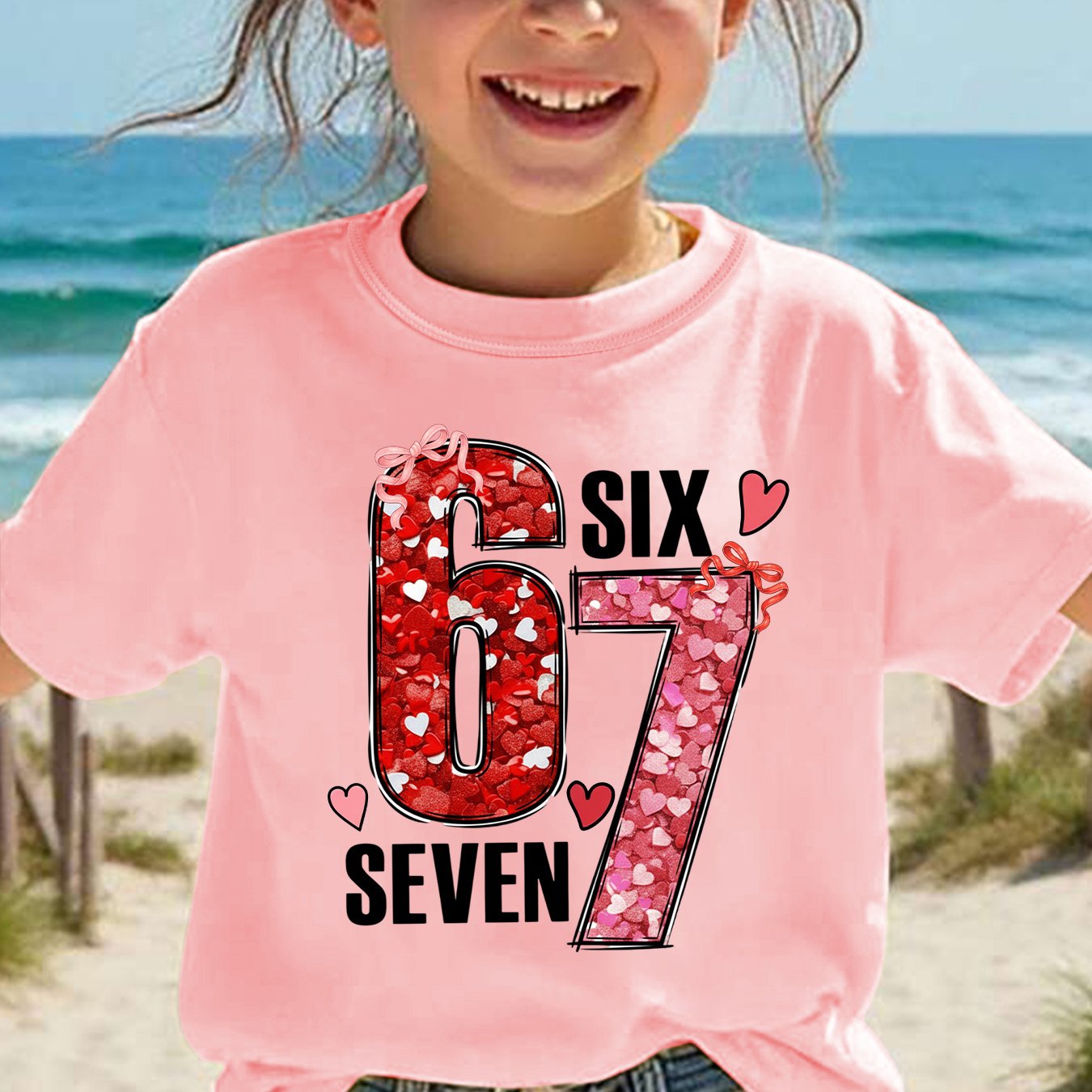 Image of Valentine's Day Summer Fashion Girls' Short Sleeve T-shirt, "67" Number Heart Cartoon Pattern Versatile Top Ny-dx7413