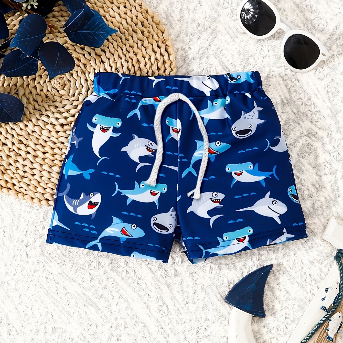 Image of Boys' Cartoon Shark Swim Trunks, Suitable For Vacation-style Beachwear Swimming Pool