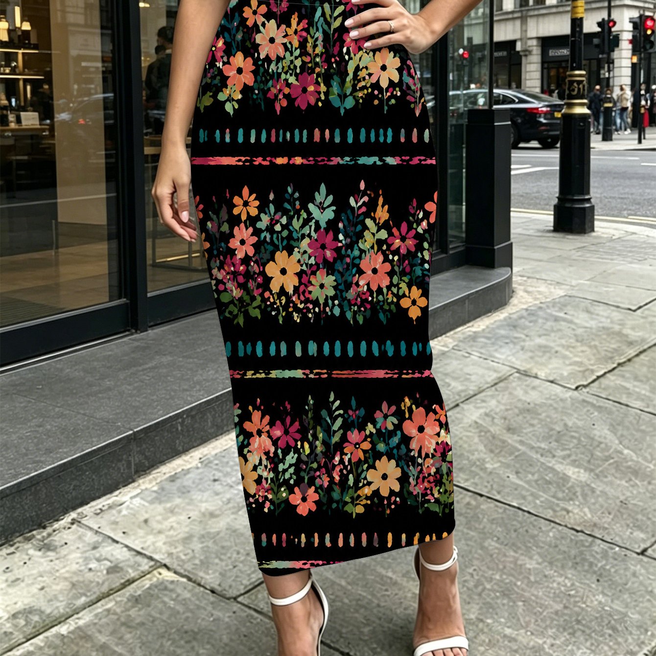 TEMU Colorful Garden Women's Printed Mid-length Hip-hugging Skirt For Office, Street, Travel, Party, Shopping, Casual Wear