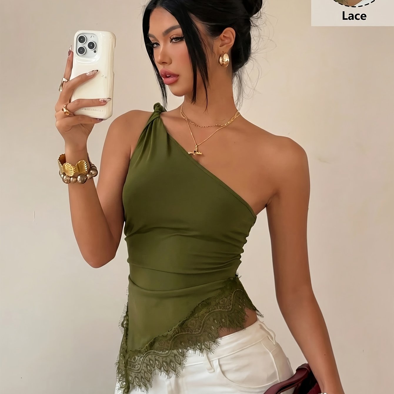 TEMU Summer New Lace Twisted One-shoulder Top, Asymmetrical Short Top With Lace Trim, Summer , Off-shoulder, Backless, Party Wear, Music Festival