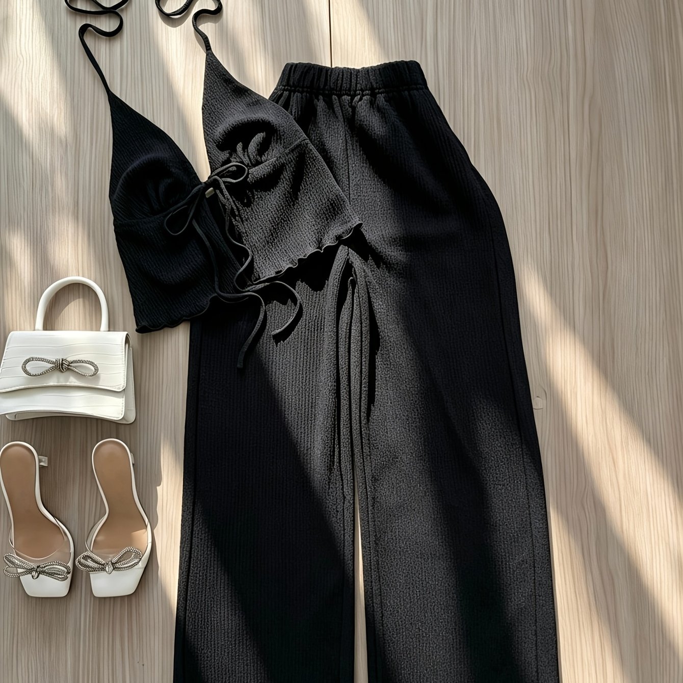 TEMU Gentle V-neck Tie-strap Camisole 2pcs Set For Women With Ruffle Texture Wide-leg Pants Casual Outfit