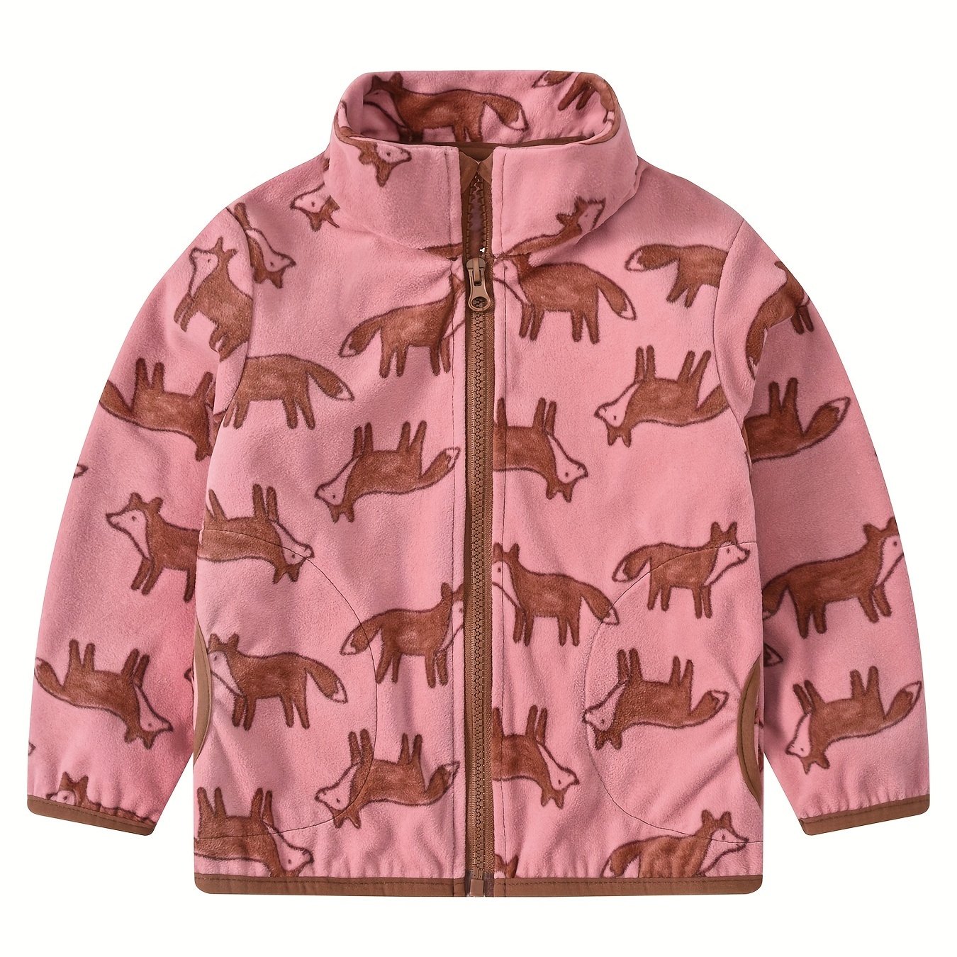 Image of Girls' Cartoon Print Jacket, Stand Collar Zipper Style, Soft And Skin-friendly Warm, Cute Animal Patterns, Autumn Winter Outerwear And Inner Wear, Casual Comfortable Fleece Lined Trimmed Jacket
