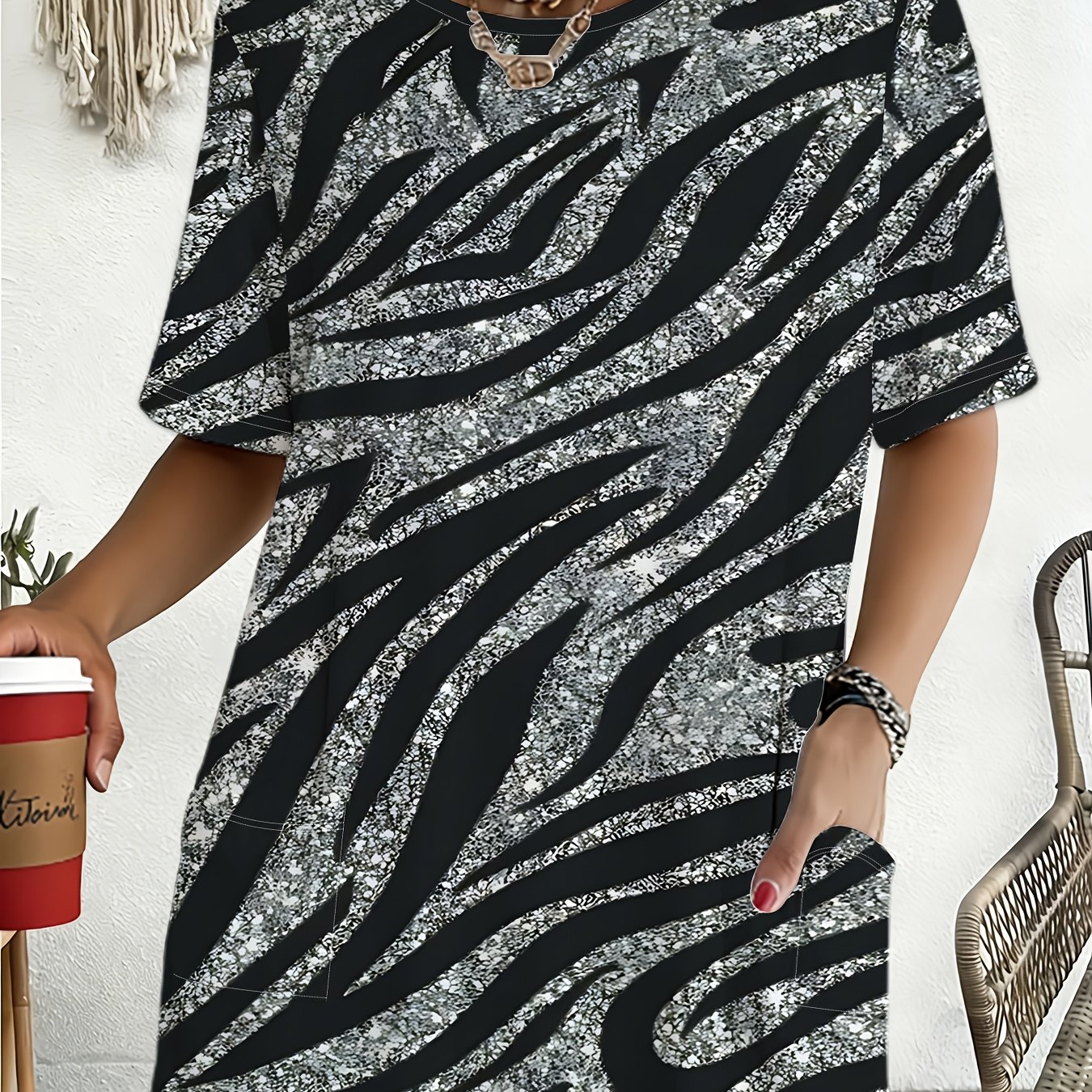 TEMU Zebra Print Sequin Plus Size Women's T-shirt
