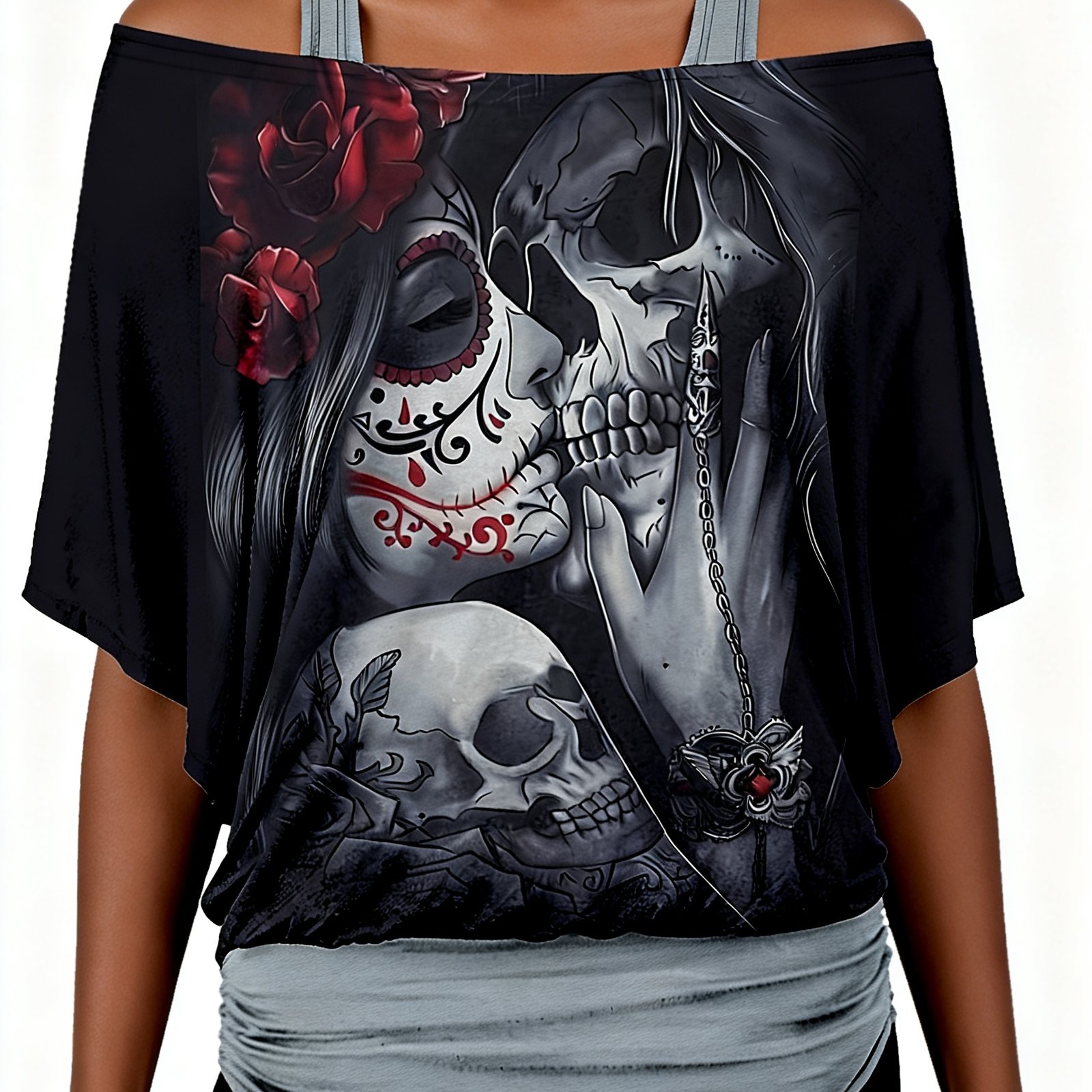 Women's Casual Loose Off-shoulder Top With Skull Print For Couples