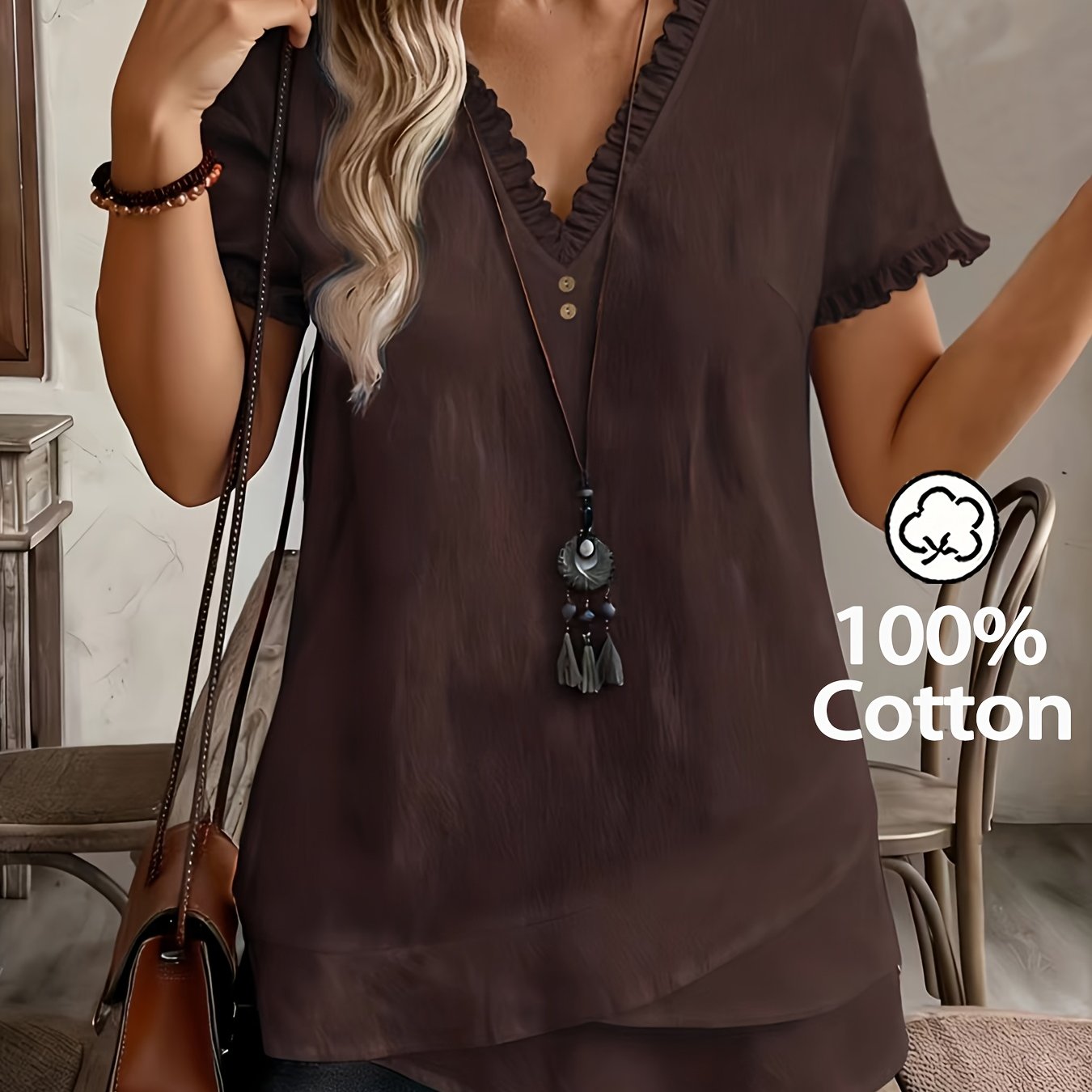 Women's Loose-fitting Short-sleeve Shirt With A V-neck And Edges, Featuring An Asymmetrical . A Versatile Tee Suitable For Casual Wear, Home, , And Commuting