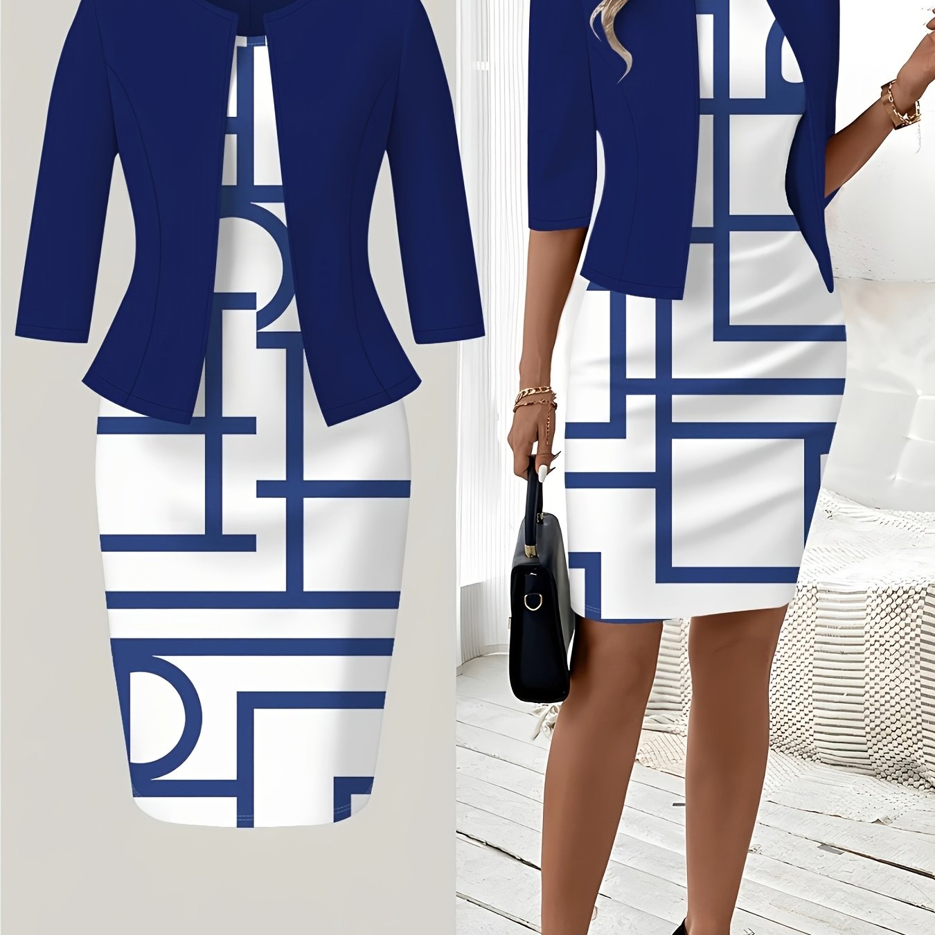 TEMU Printed Design Geometric Blue And White Pattern Dress Set