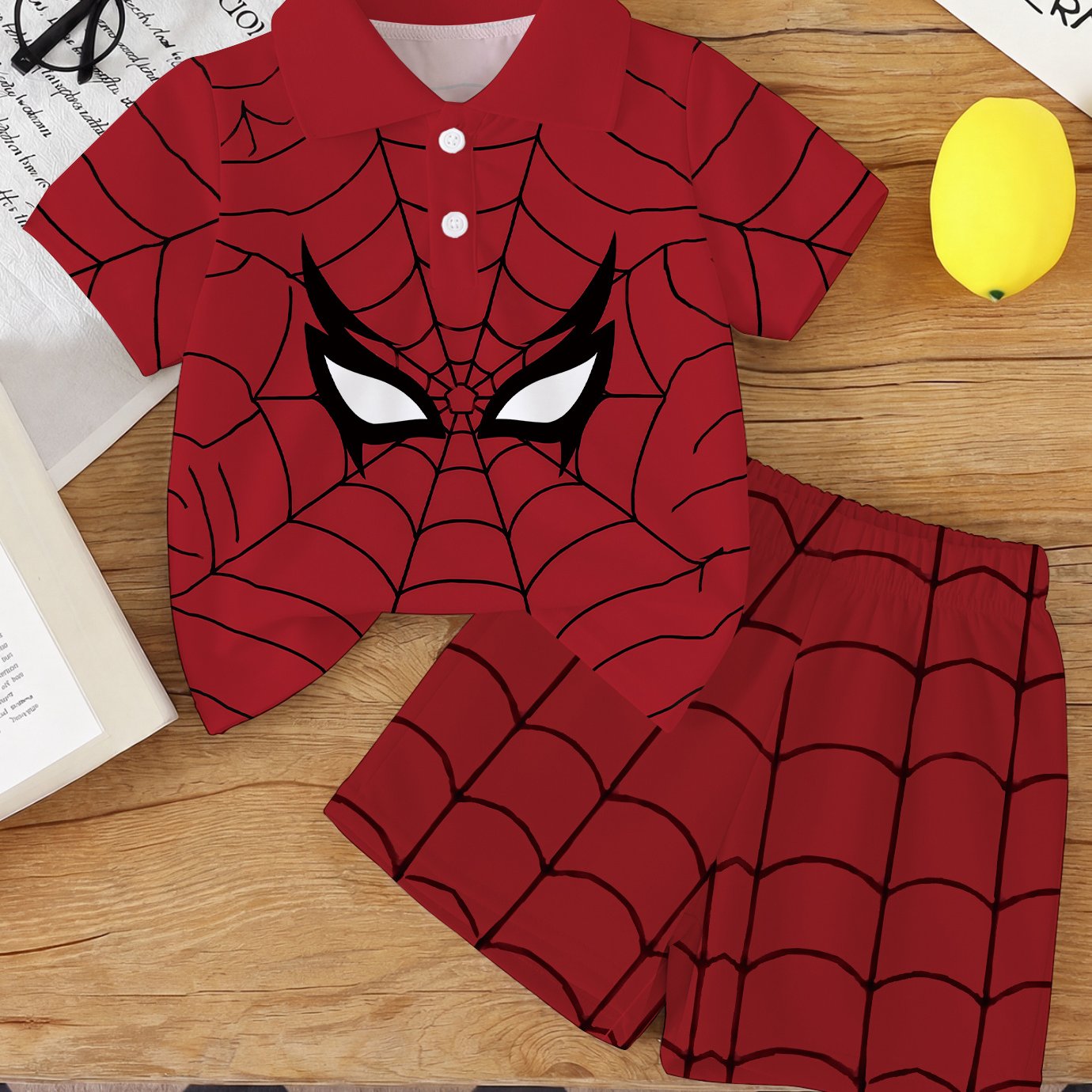 Image of Baby Boys Shirt And Shorts Two-piece Set With Red Spider Web Pattern , Infant Lapel Outfit, Must-have Summer Lapel Short-sleeve Suit, Trendy Cool Boys Casual Outfit, For Outdoor