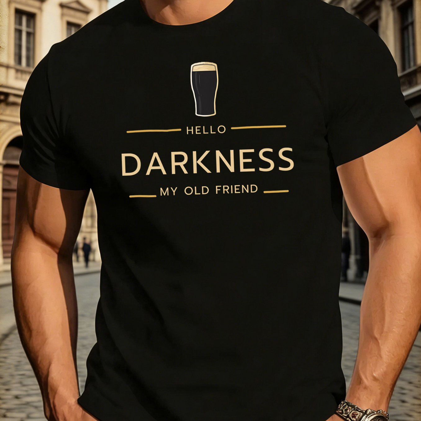 TEMU [printed Design - Not Textured] Men's Crew Neck Short Sleeve T-shirt, Beer Commemorative Edition, "hello " Print, Simple Black Beer Mug Design,