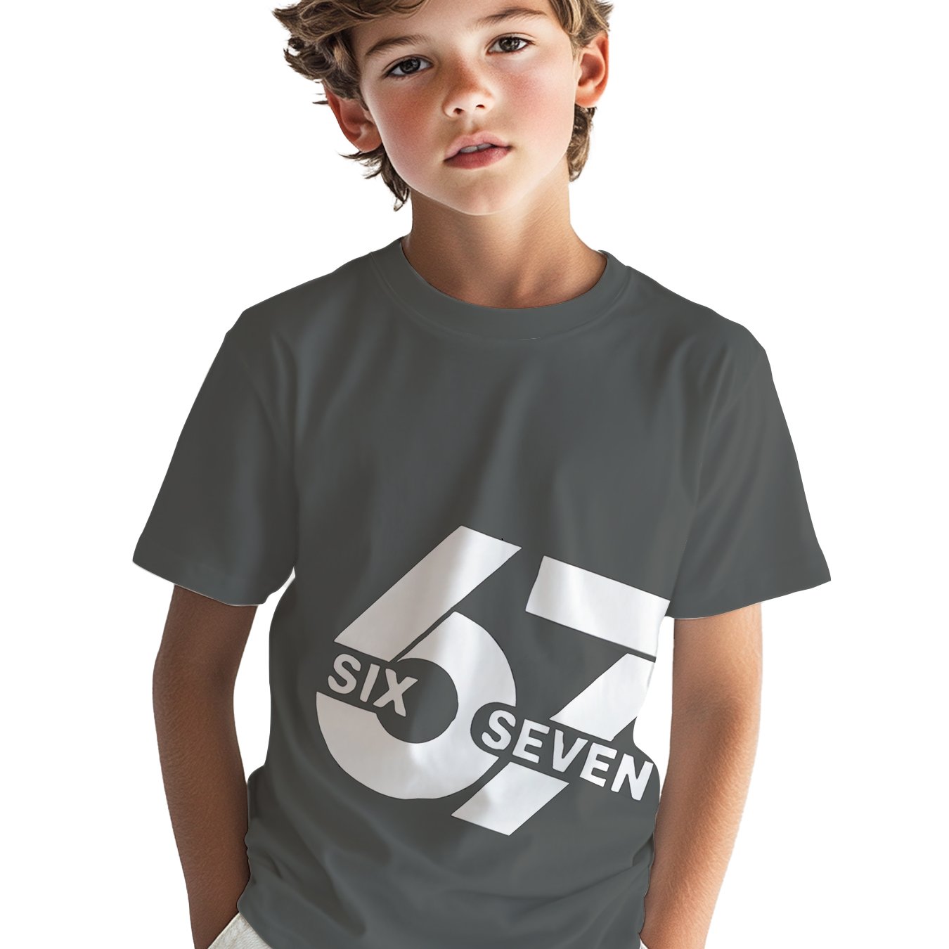 Image of Dark Gray "67 " Letter 3d Digital Printed Boys' T-shirt, 100% Polyester. Trendy Boys' Neck Short Sleeve For Back-to-, A Versatile, Stylish, And Casual Top For Summer, Suitable As A Birthday Gift