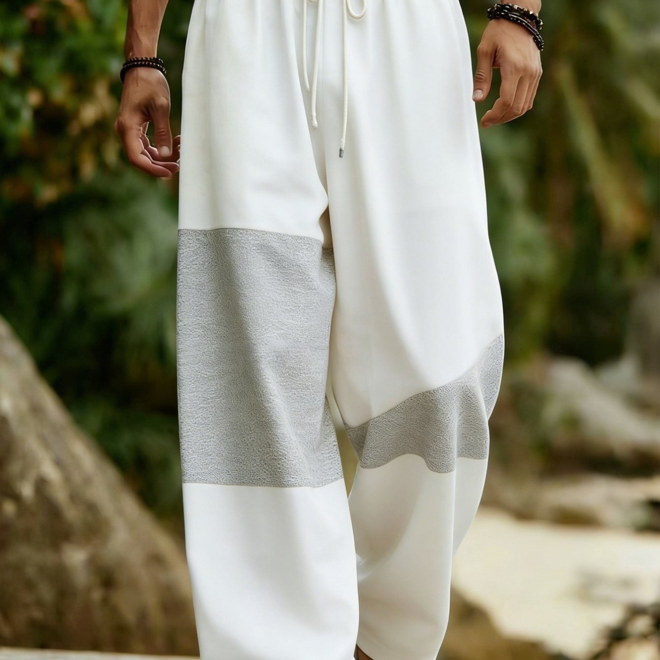 Men's Plus Size Casual Pants With Splicing Print, Loose And Comfortable Drawstring Sports Pants, Trendy And Versatile Trousers For Outdoor Vacation