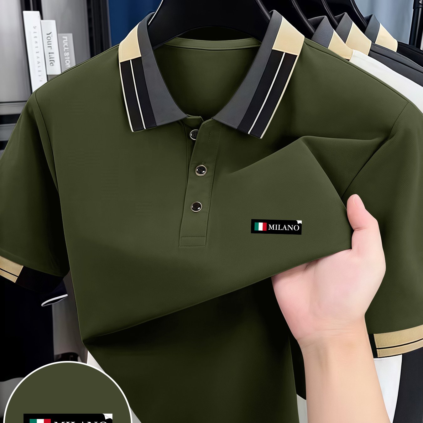 TEMU Men's Summer Short Sleeve Button-front Lapel Shirt - Contrast Striped Collar Golf & Casual Button-up Collar Shirt, Breathable Lapel Collar