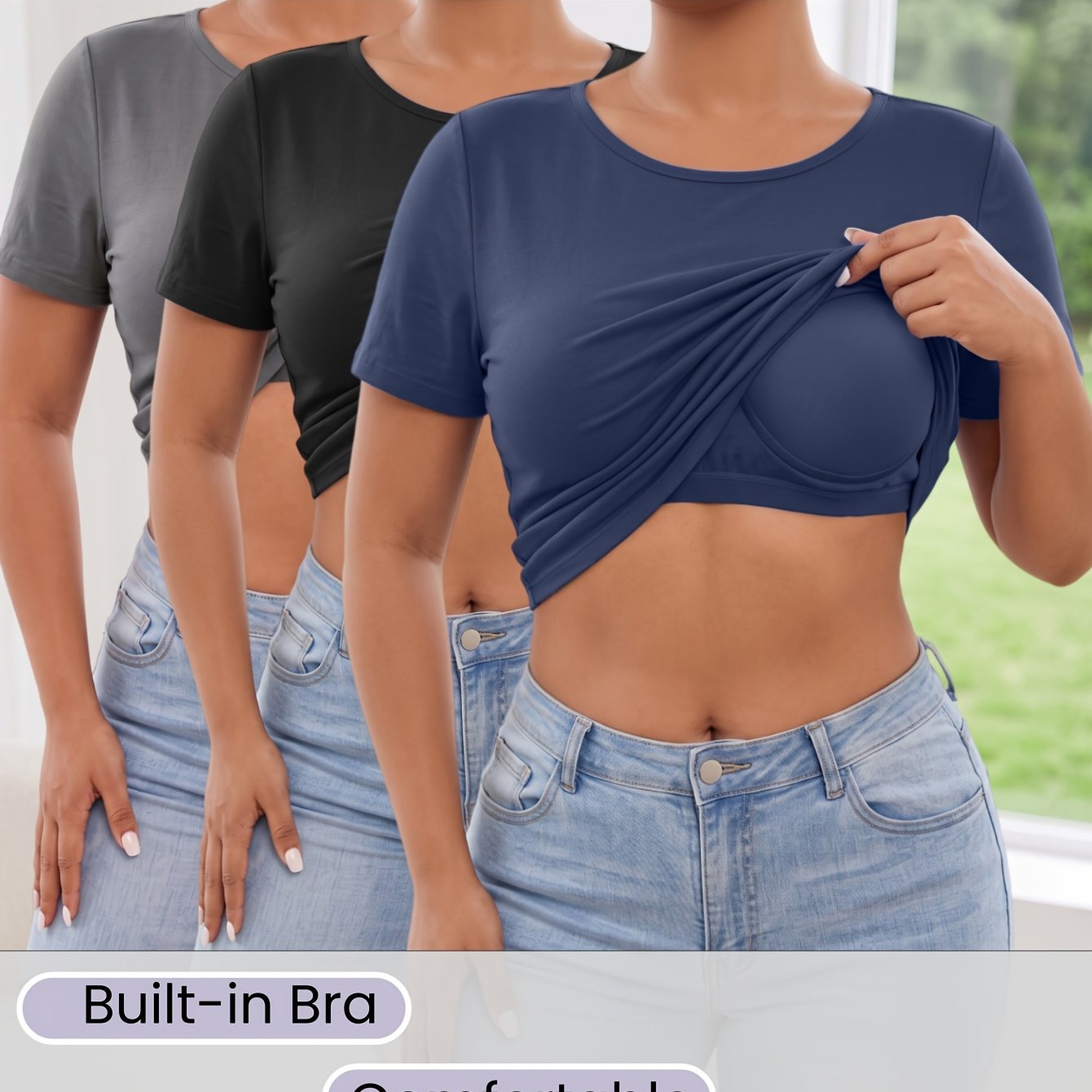 TEMU 3pcs Set, Women's Short Sleeve T-shirts, High-elastic Slim Fit Built-in Non-removable Chest Pad Round Neck Short Sleeve T-shirts Solid Color