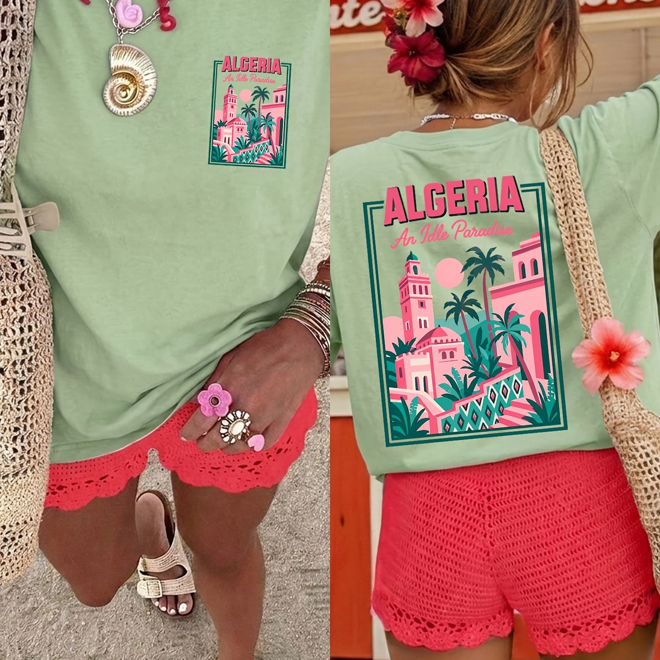 TEMU T-shirt pour femme Algérie « Un oisif » - Haut à manches courtes et col ras du cou avec imprimé sur le thème de l'Algérie, convient pour les