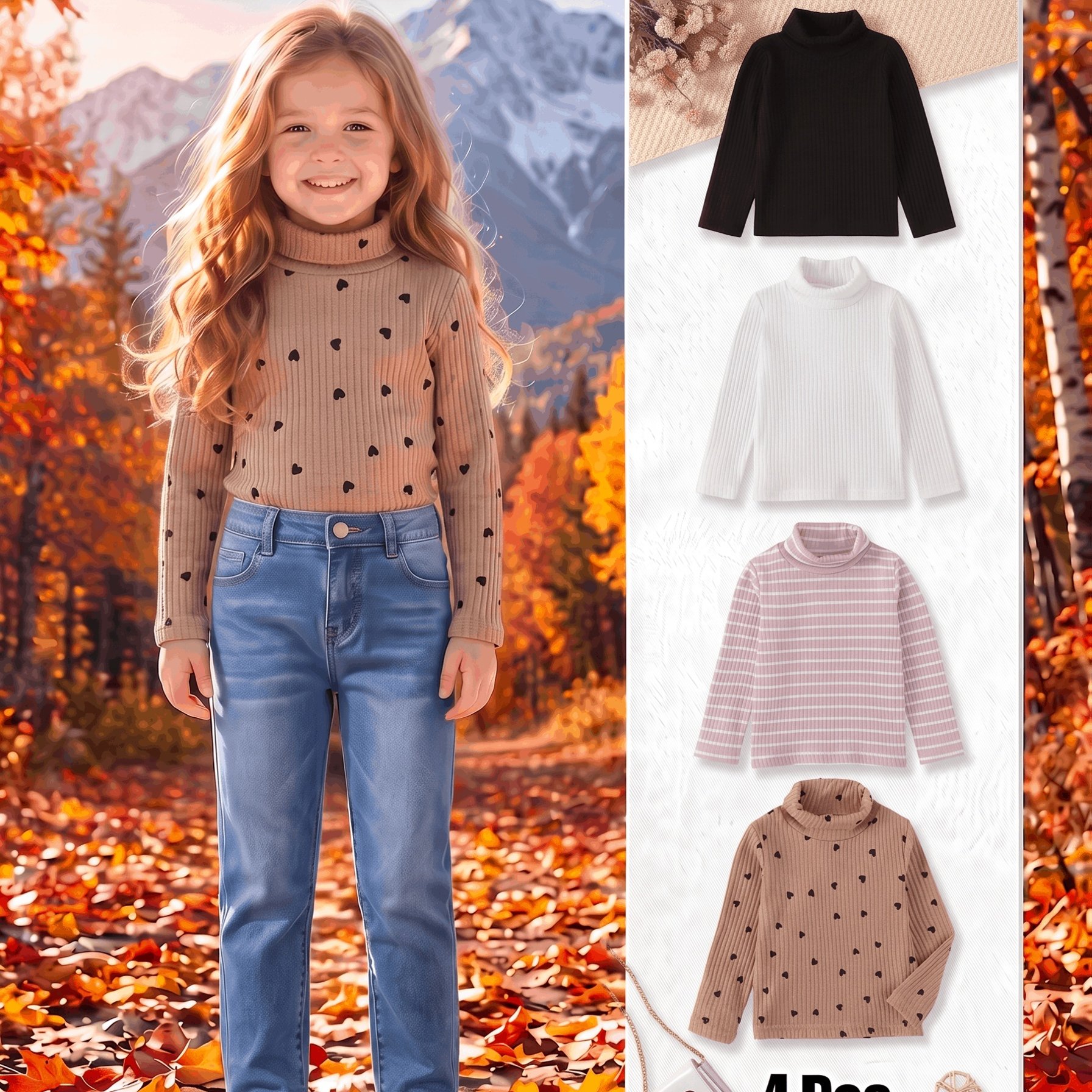 4pcs Girls' High-Neck Stylish Pullover Sweater Set, Autumn/Spring