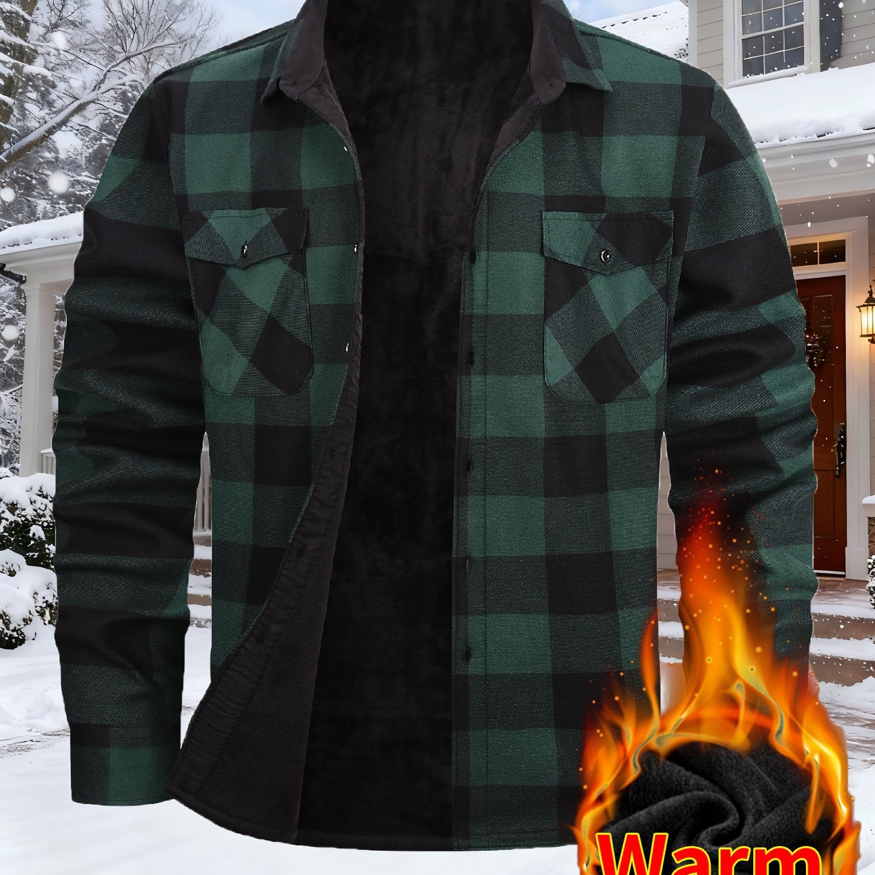 TEMU Men's Thickened Flannel-lined Warm Plaid Casual Shirt For Autumn/winter, Winter Flannel Dress Shirt, Warm And Suitable For Parties, Skiing, And
