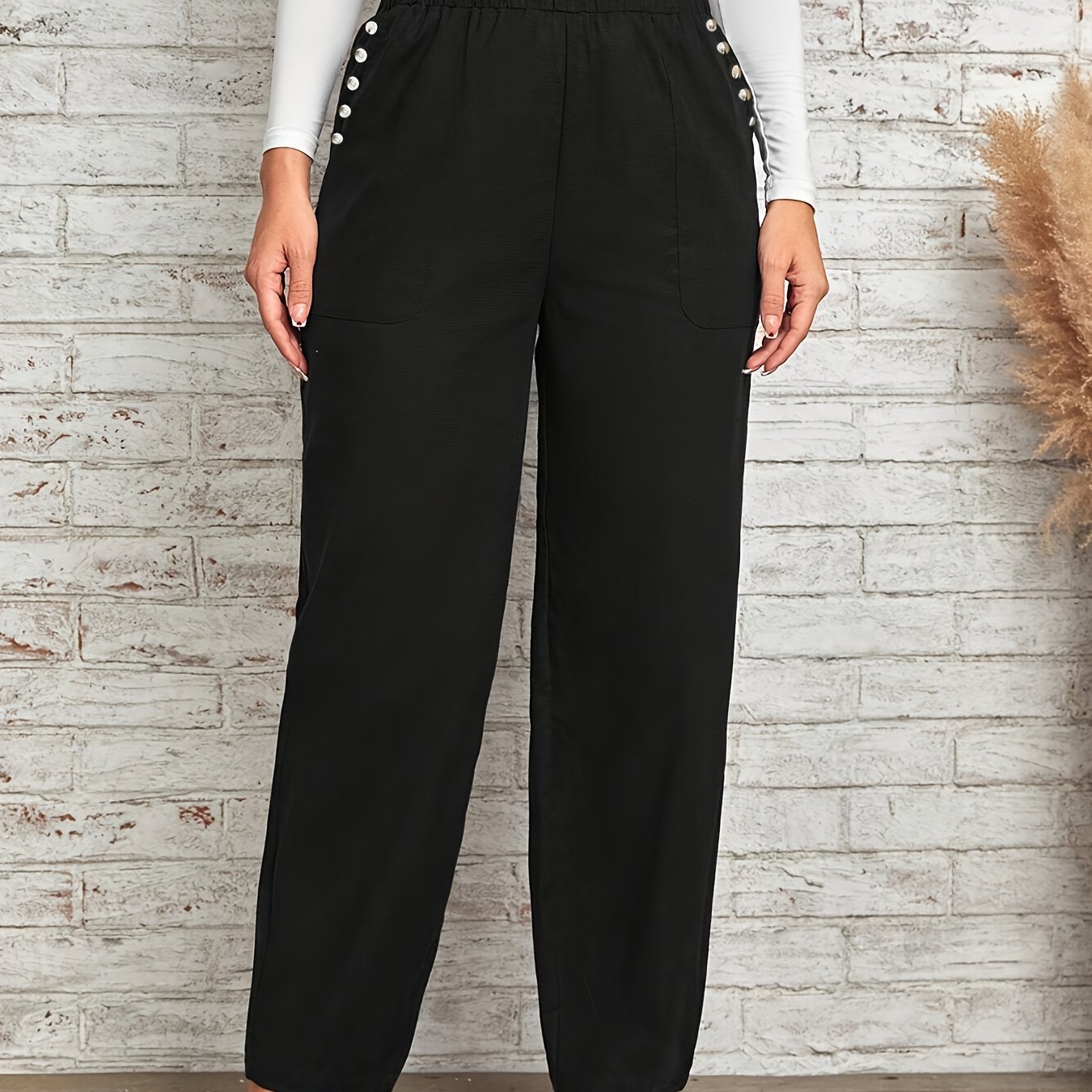 Image of Summer 100% Three-quarter Straight-leg Pants For Women, Casual Loose Wide-leg Trousers, Work Stretch Pants With Pockets, All- Harem Pants, Solid Color With Buttons