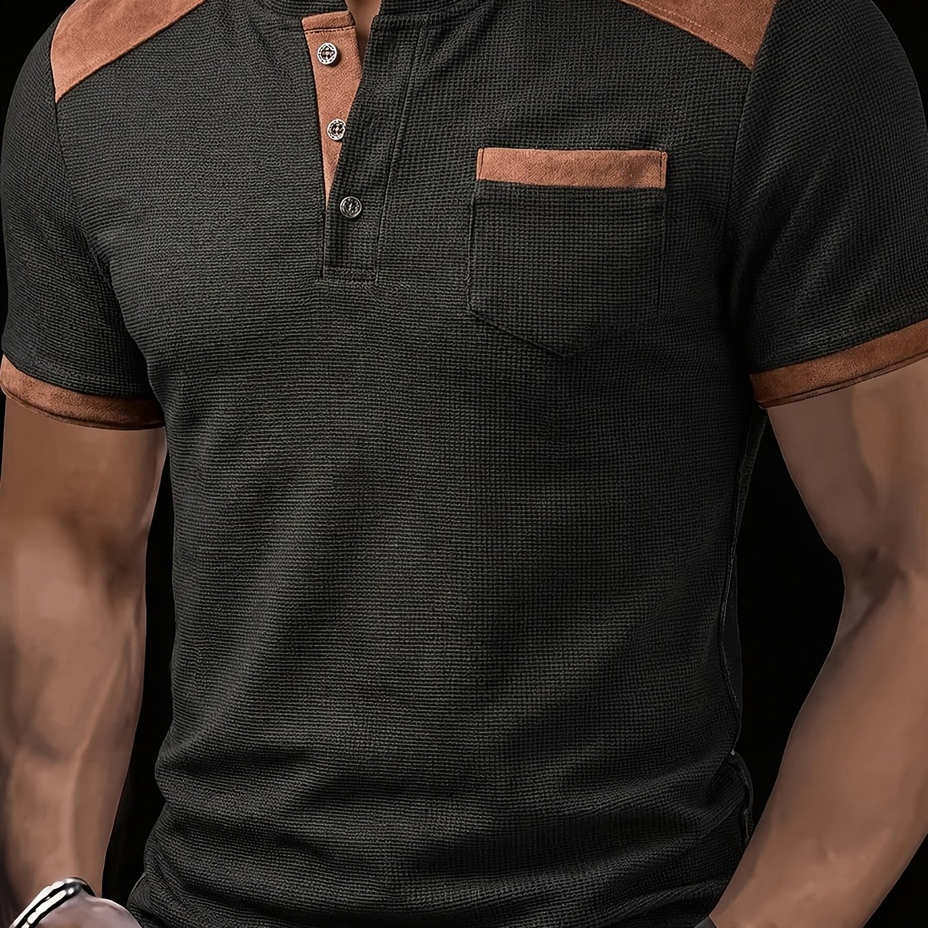 TEMU Men's Fashion Henley Shirt, Spring/summer Outdoor Casual Waffle Knit Textured Fabric, Round Neck With Contrast Color Patch , Short Sleeve