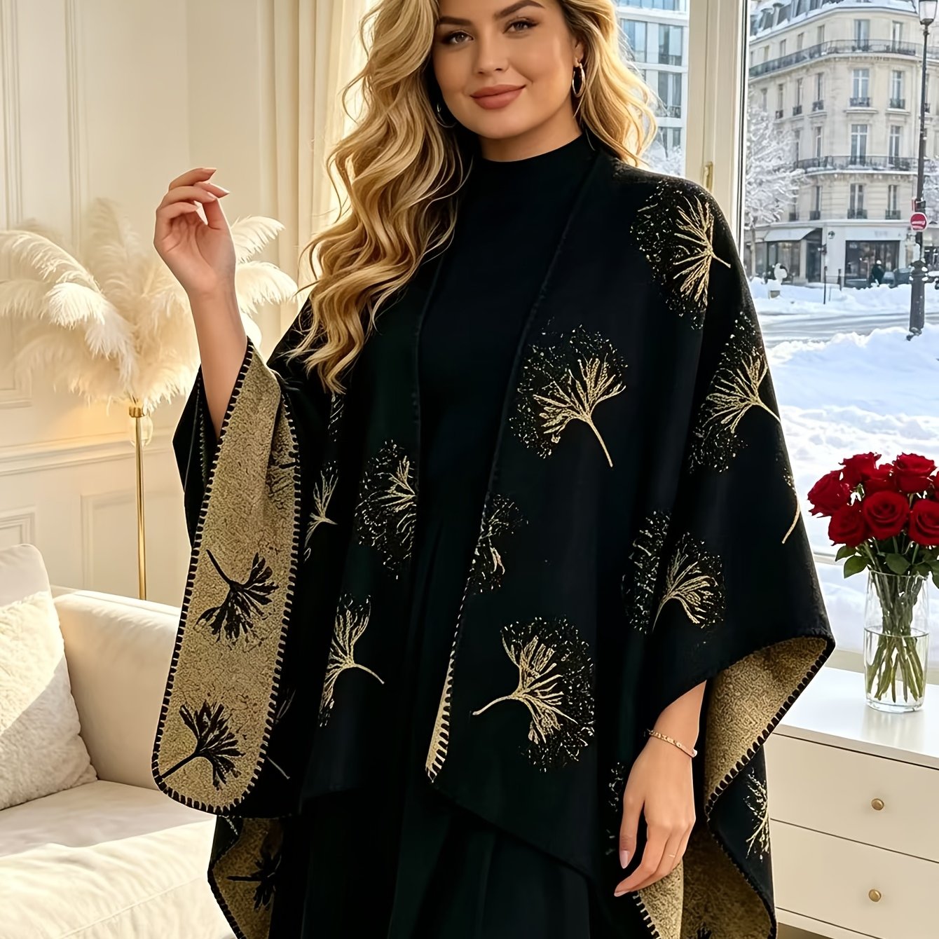 TEMU Plus Size, Plus Size Women's Clothing - Autumn/winter Vintage Ginkgo Leaf Jacquard Shawl, Elegant Ethnic Style Plus Size Cape, Reversible