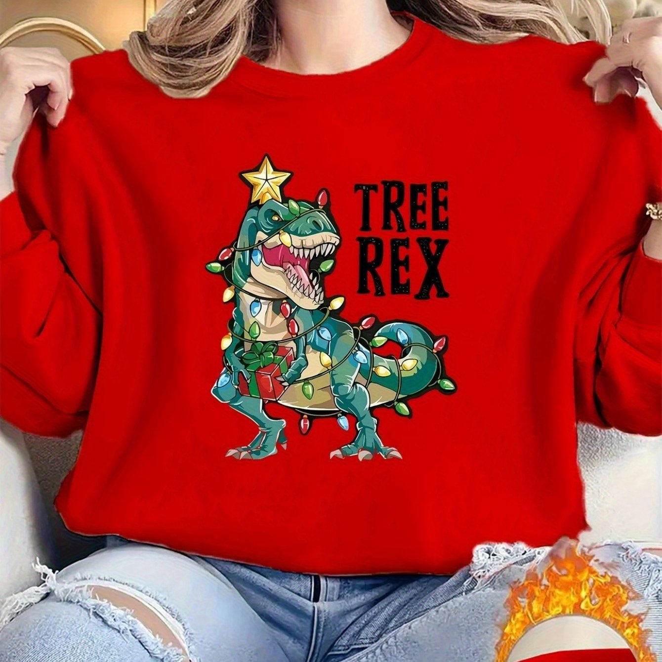 TEMU Ladies Leisure T-neck Sweater, Christmas Tree Print, Suitable For Family, , Fabric Pullovers, 100% Polyester Fiber Machine Washable, Comfortable