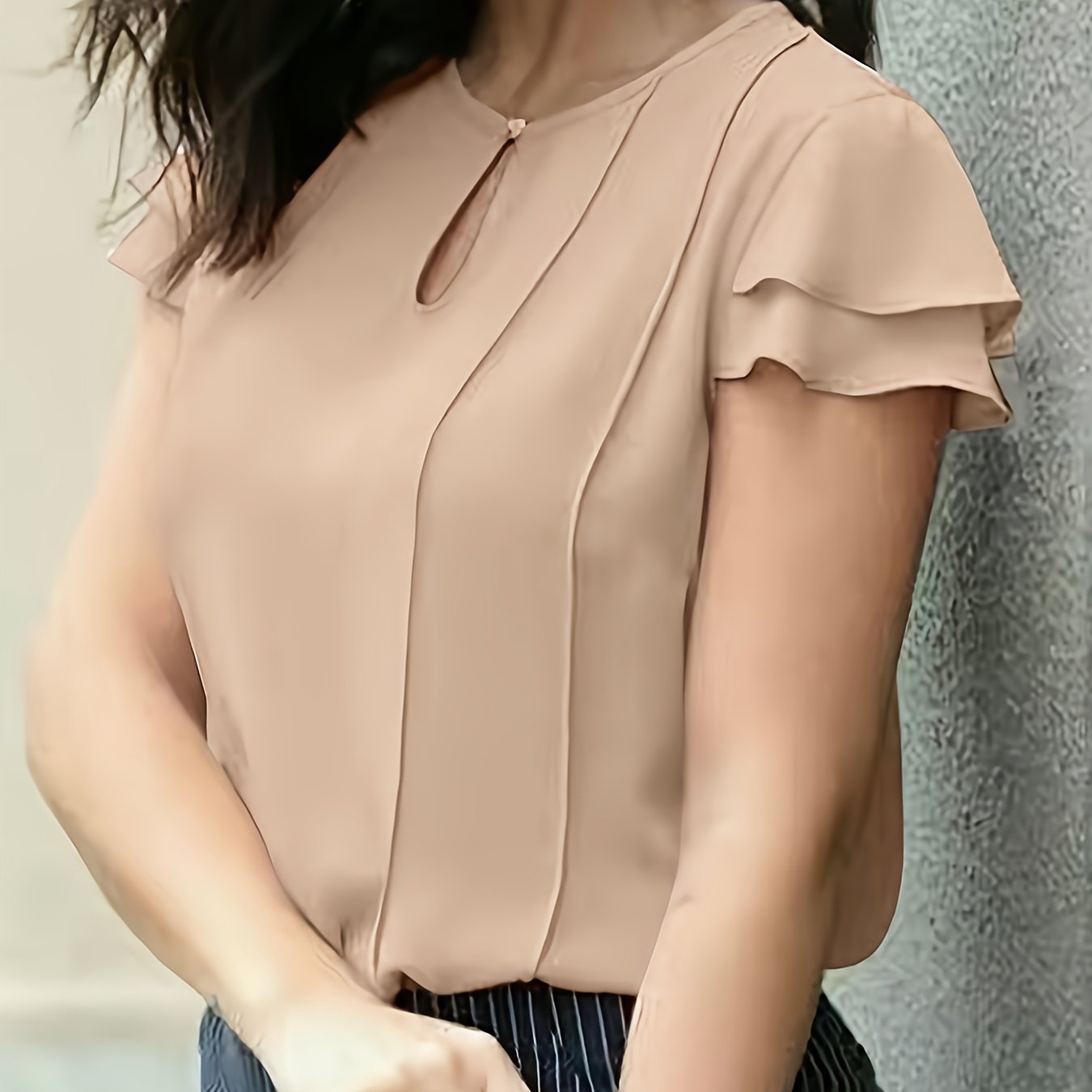 TEMU Women's Elegant Short-sleeve Sweetheart Neckline Blouse - Solid Color Summer Casual & Semi-formal Shirt, Machine Washable Regular , Non- Shirt