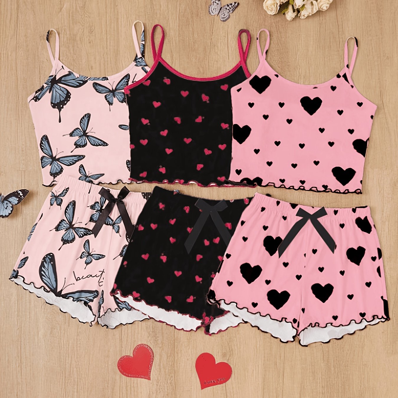 TEMU 6pcs Set Includes Heart And Bowknot Print Camisole And Shorts Pajamas