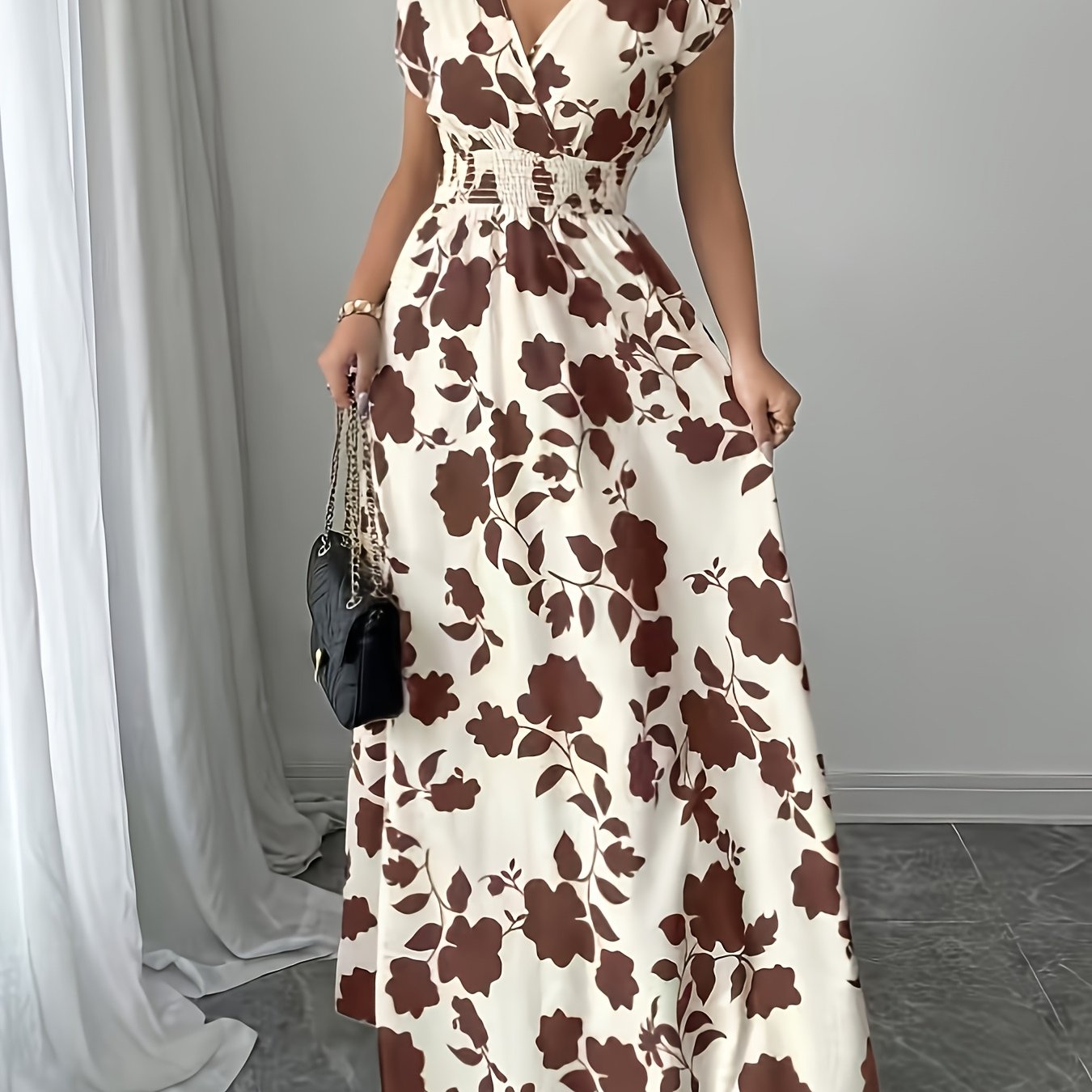 TEMU Robe longue évasée cintrée à la taille à imprimé feuilles vintage de style français