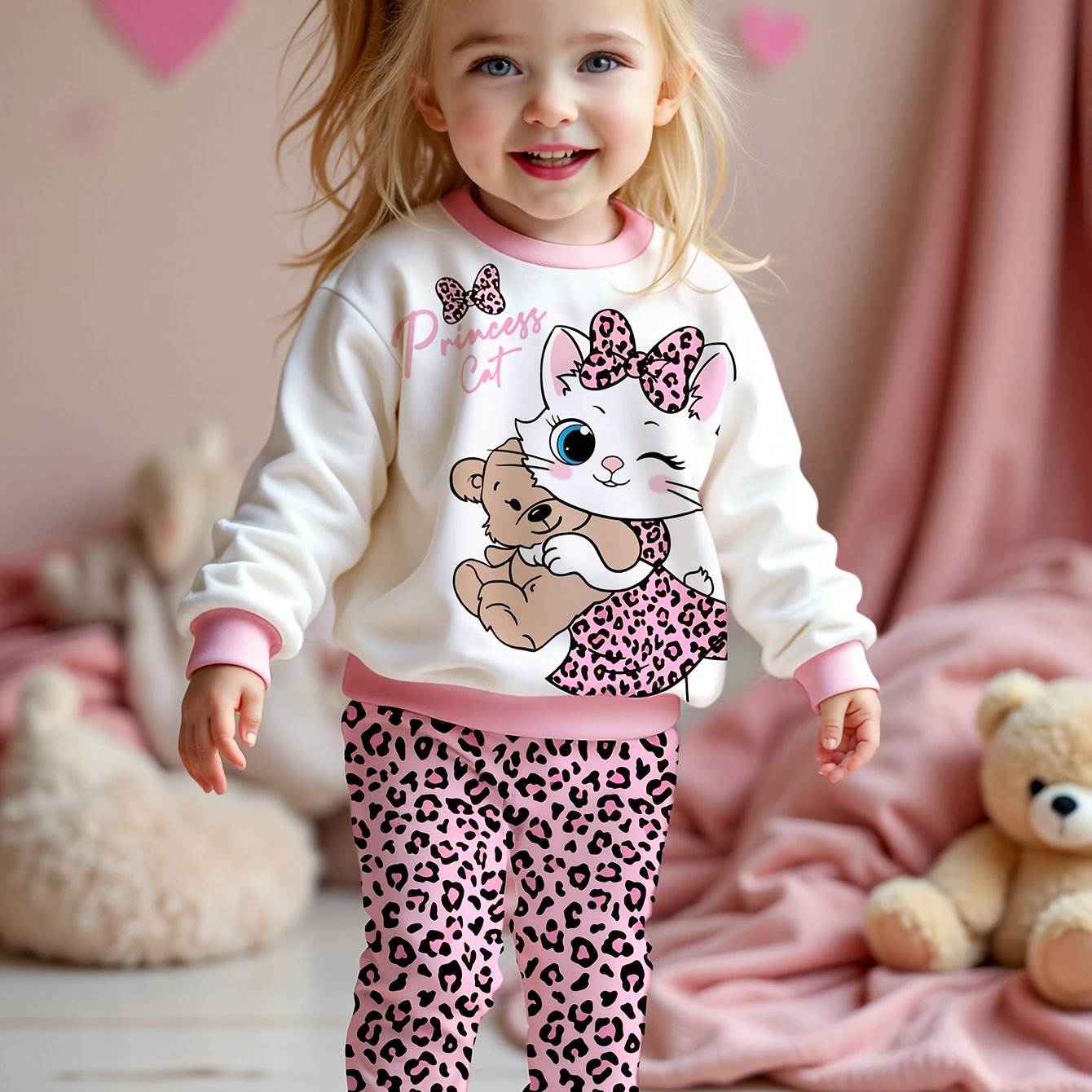 E-shop Mädchen Süßes Katzen- Bären-Print Pullover + Leoparden-Print Hose Bequemes Casual Kinder Babykleidung 2-teiliges Set, für Draußen